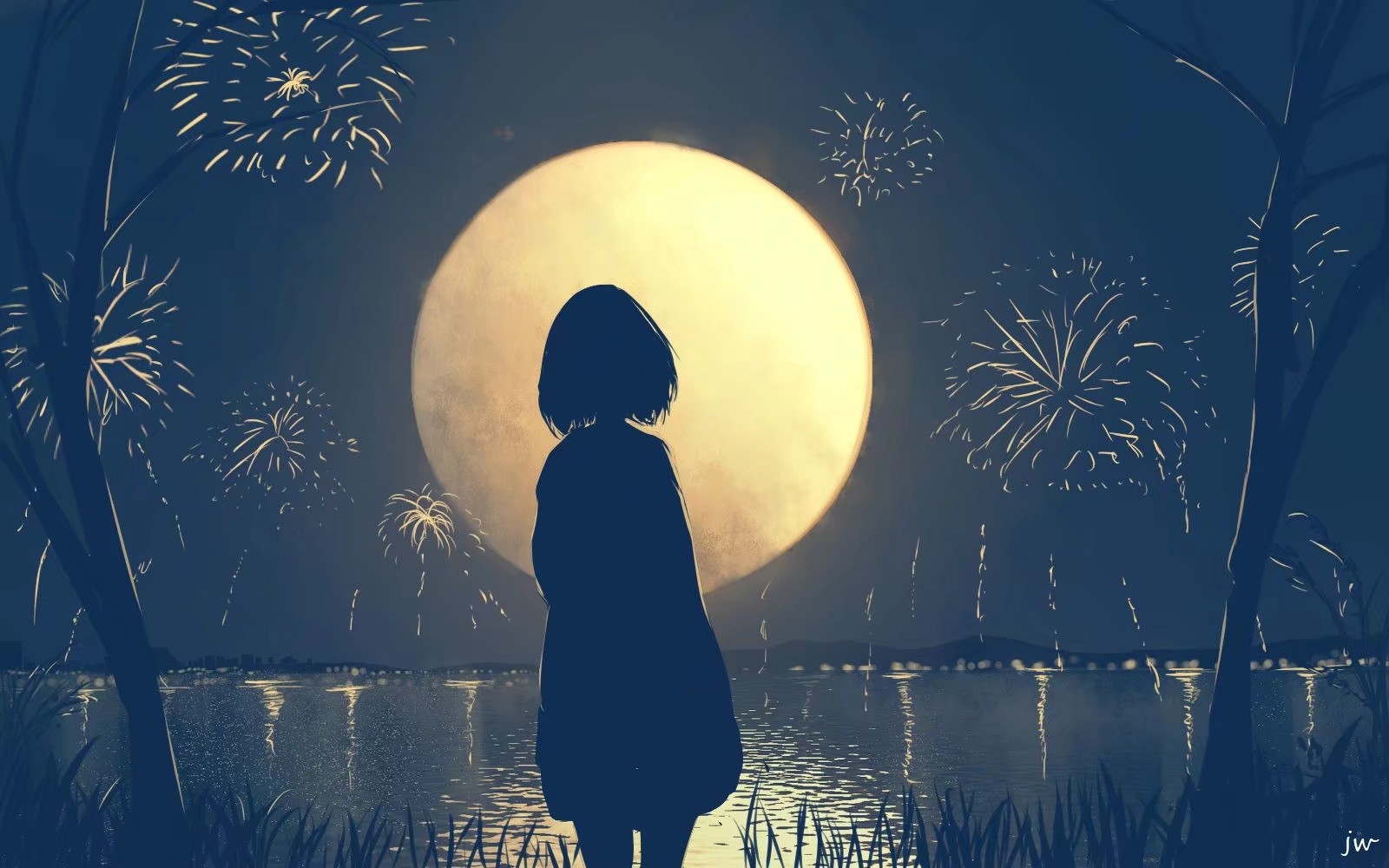 Anime 1600x1000 silhouette moescape Moon fireworks anime
