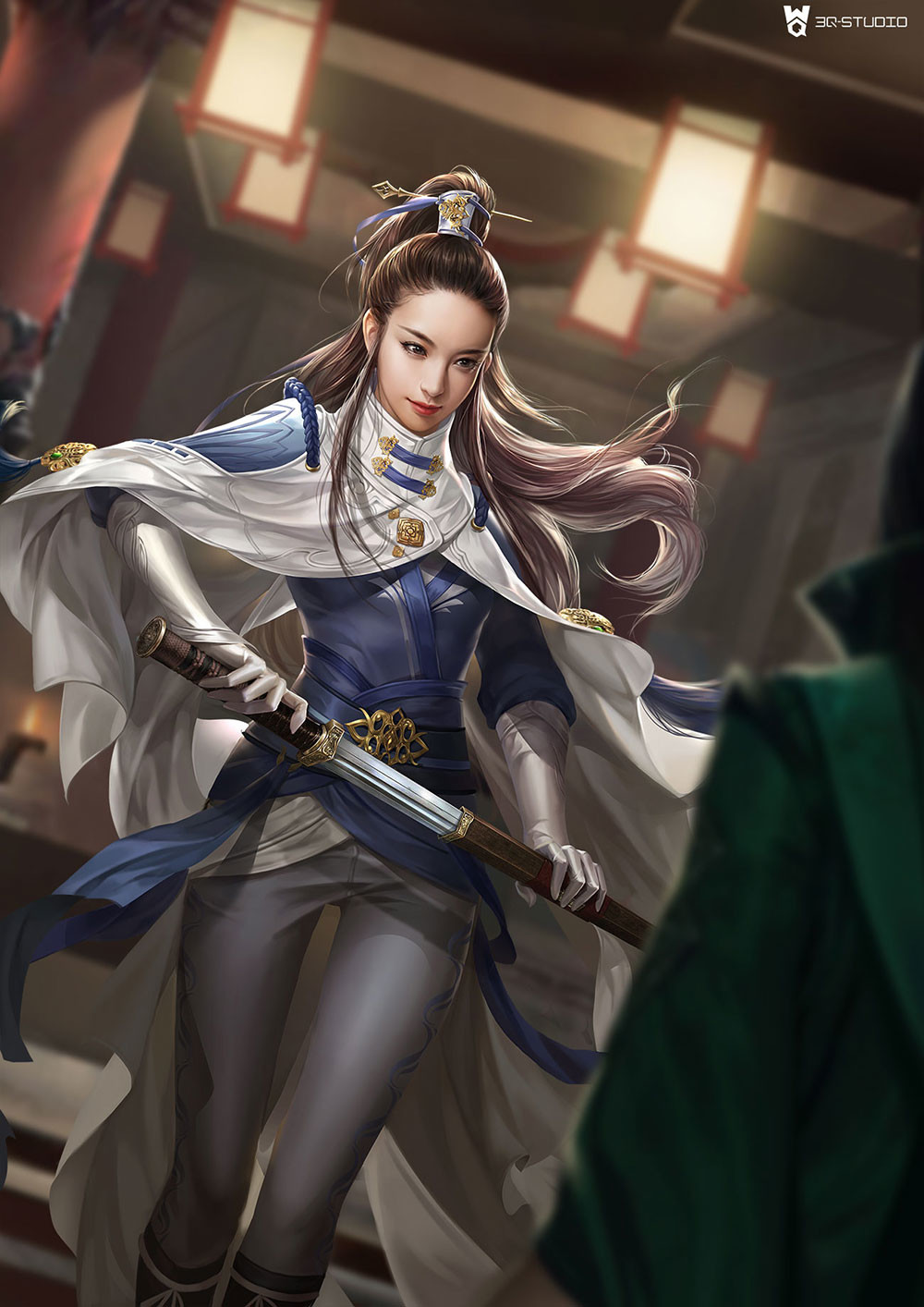 General 1000x1414 3Q Studio women brunette long hair ponytail hair accessories looking away smiling warrior cape blue clothing white clothing dress pants weapon gloves sword