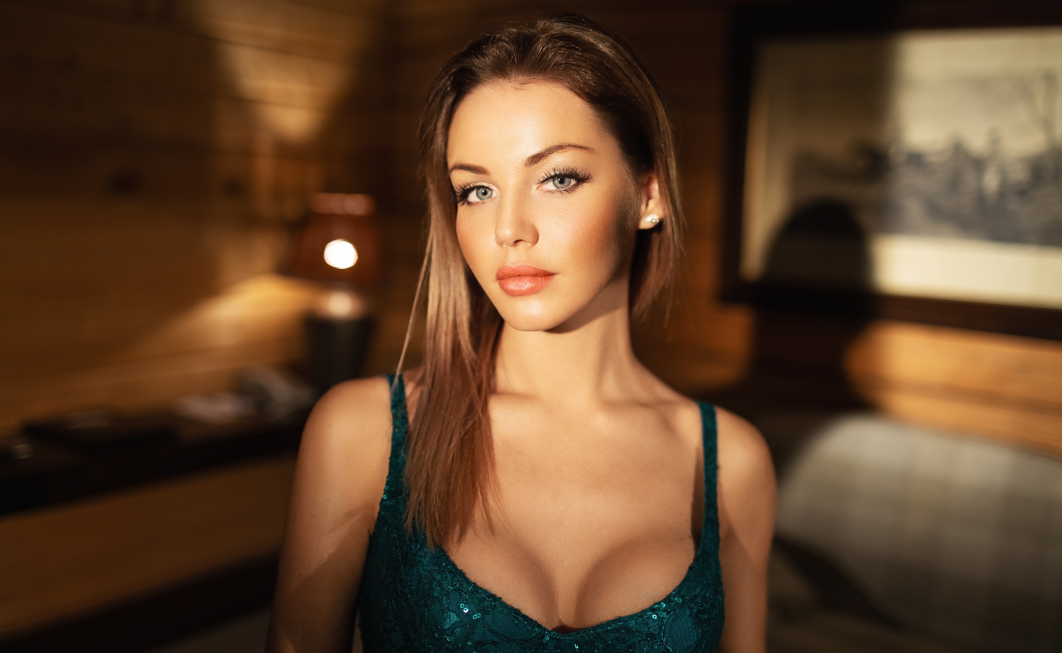 People 2160x1329 Sergey Melifara women women indoors model makeup portrait face green dress looking at viewer juicy lips lights dress blushing Maria Puchnina cleavage glitter gray eyes closed mouth blue clothing Caucasian closeup