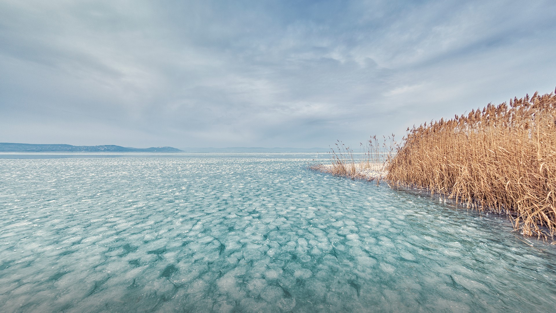 General 1920x1080 nature landscape plants clouds mountains frozen river frozen lake Hungary Lake Balaton