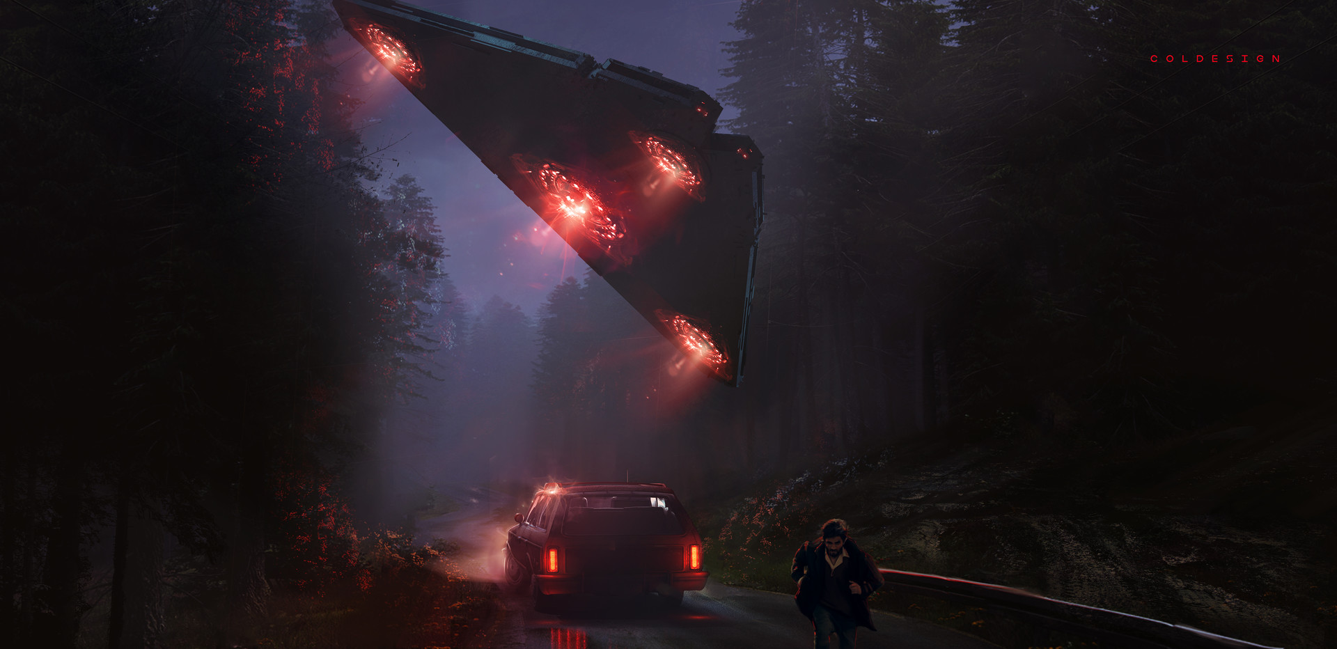 General 1920x932 science fiction UFO car men forest lights highway digital art dark triangle
