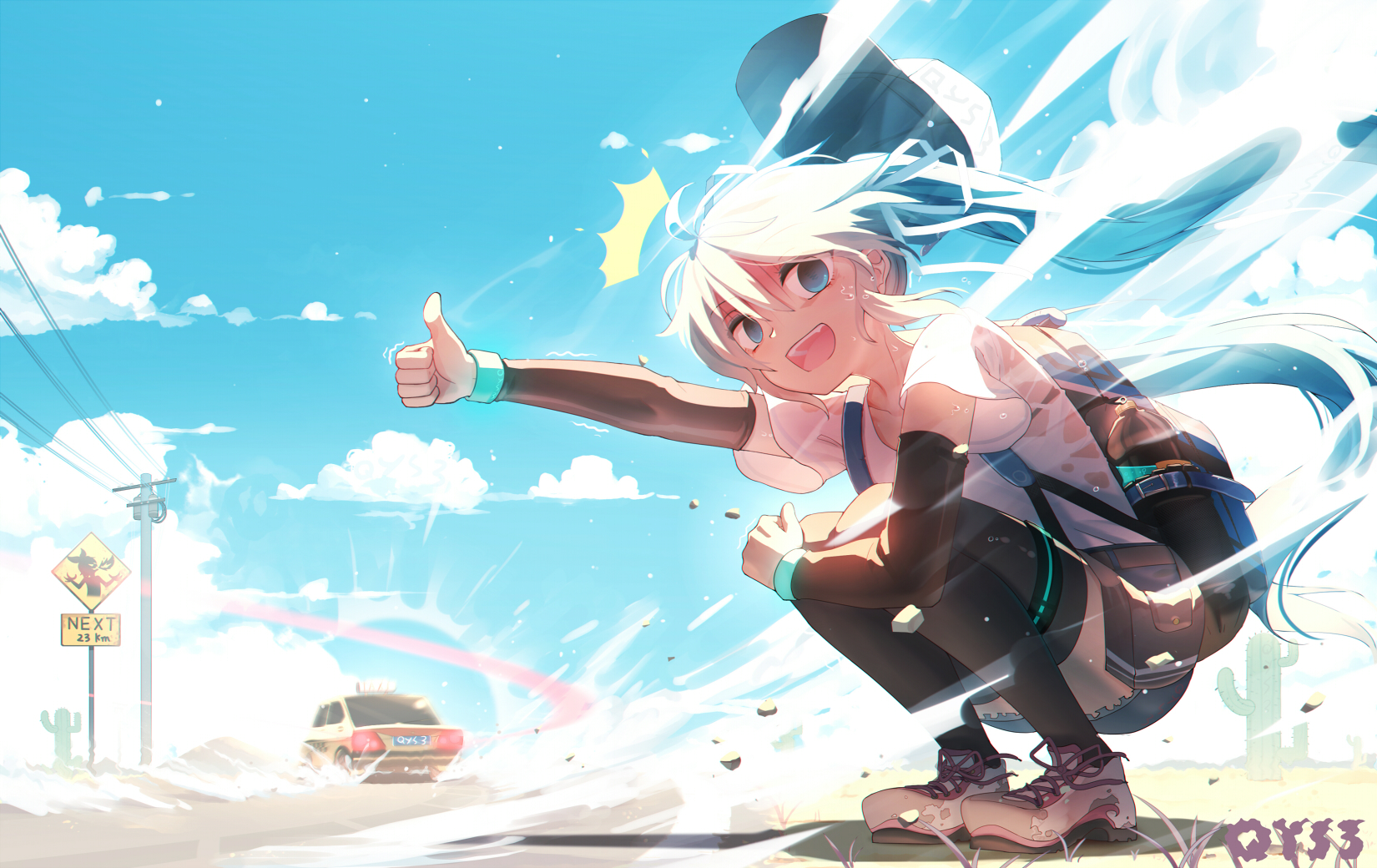 Anime 1650x1040 anime girls Hatsune Miku sky taxi twintails road clouds thumbs up hand gesture open mouth long hair squatting women outdoors