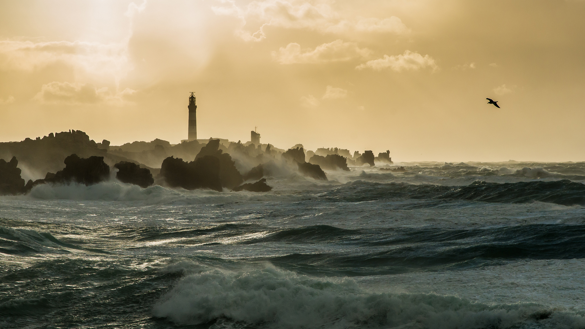 General 1920x1080 sea waves coast lighthouse rocks clouds sunlight mist landscape