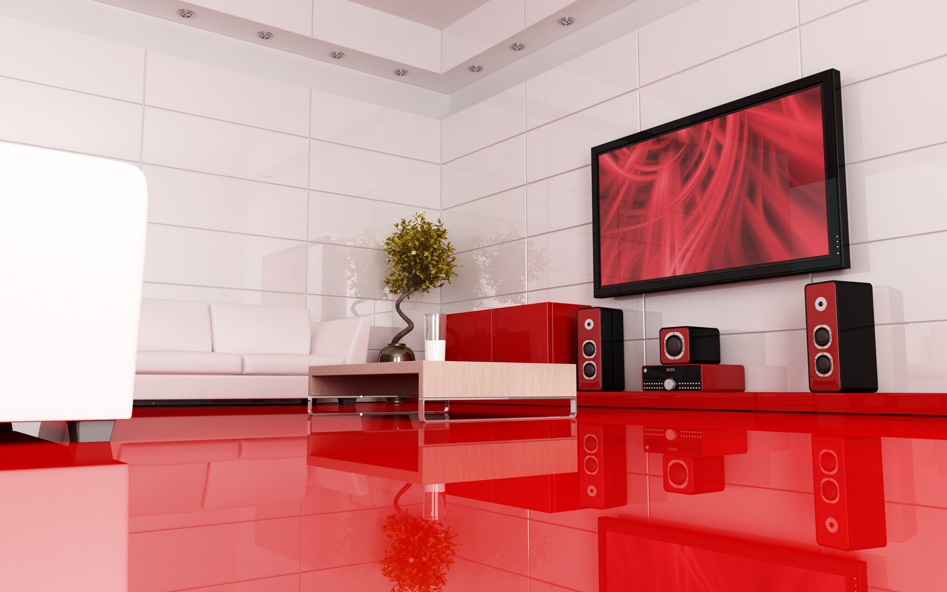 General 1920x1200 living rooms photography red couch TV speakers
