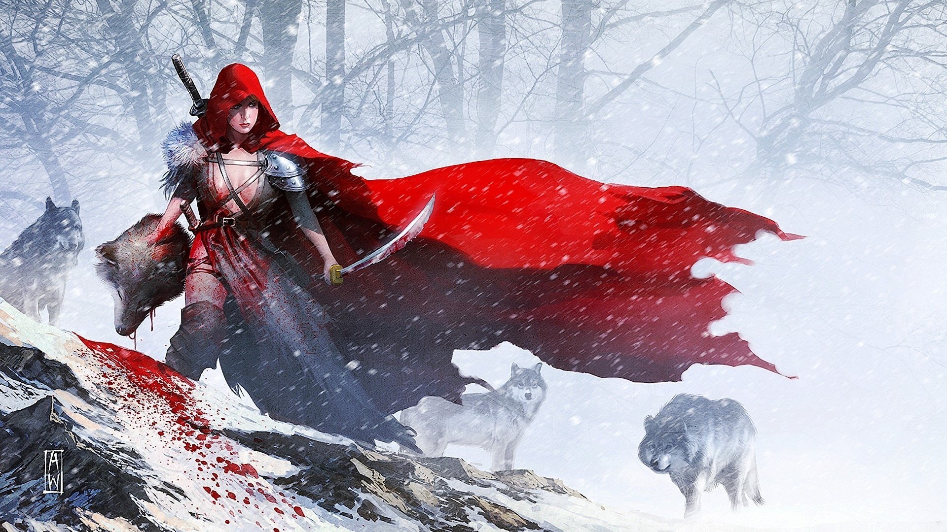 General 1920x1080 Little Red Riding Hood fairy tale blood wolf hoods fantasy girl snow fantasy art