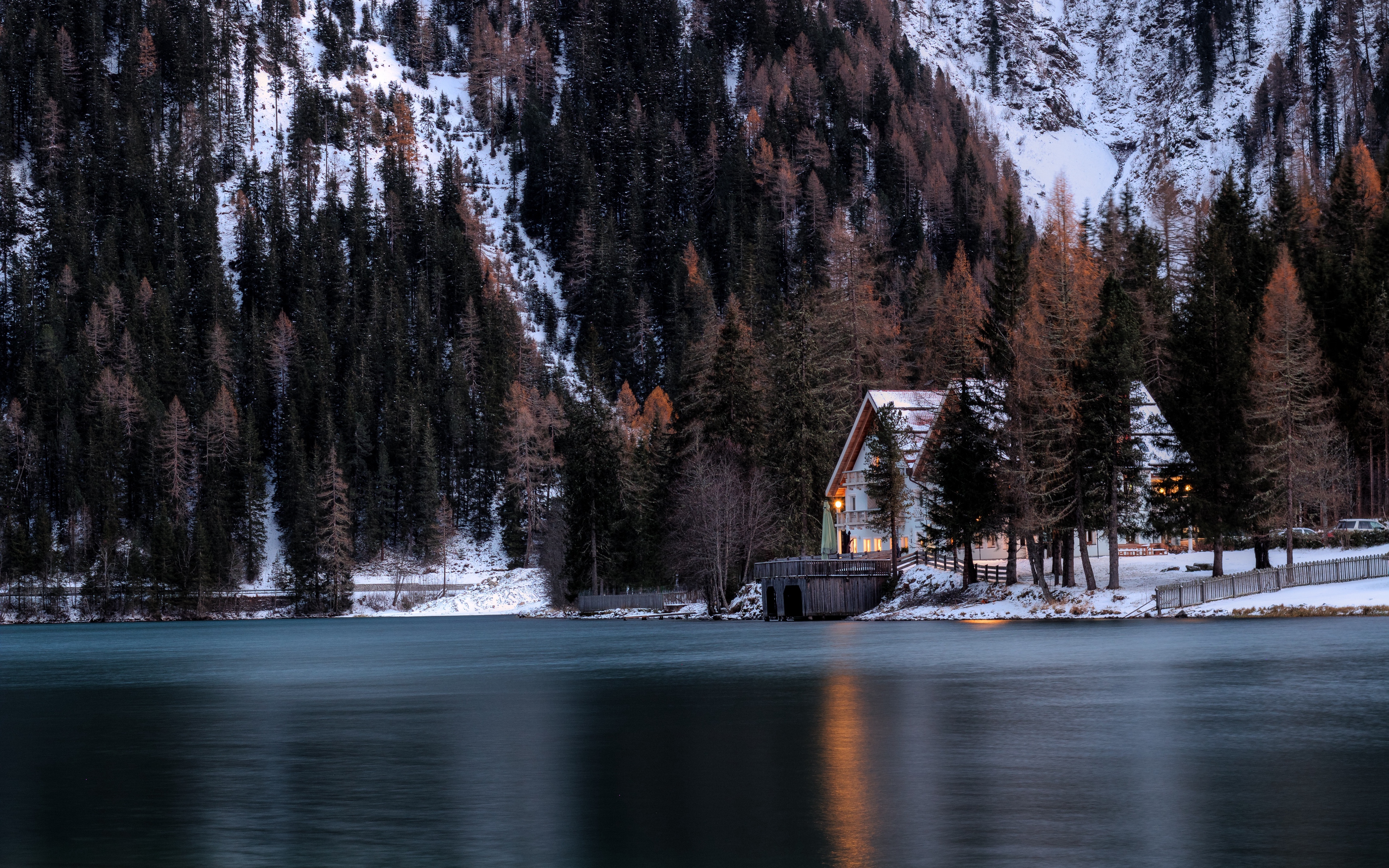General 3840x2400 landscape nature mountains trees snow lake house building