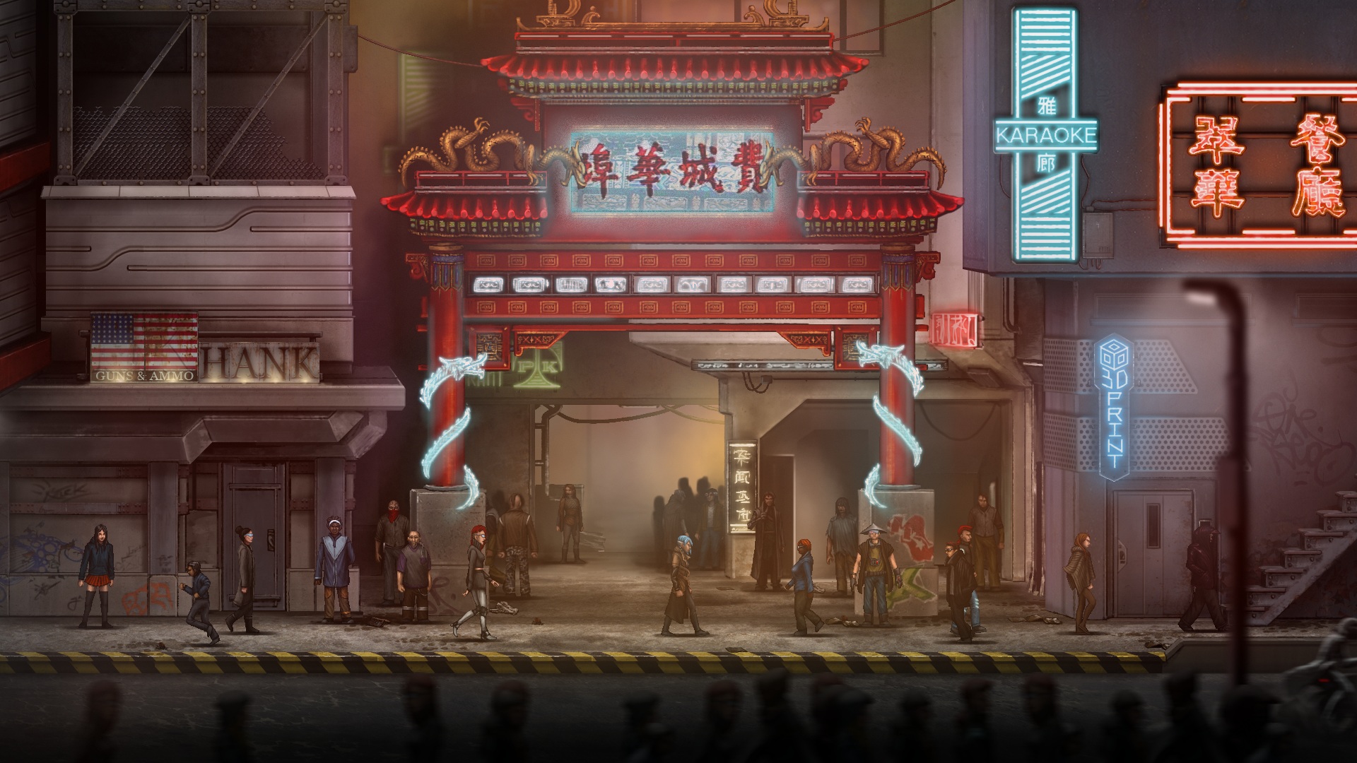General 1920x1080 digital art fantasy art Asian architecture neon street city people video games RPG kanji