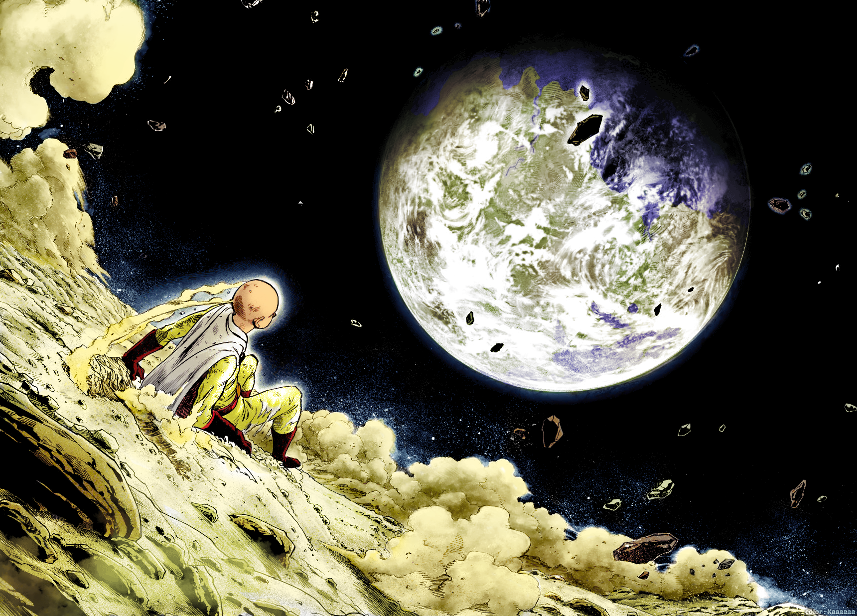 Anime 1720x1236 anime digital art fan art One-Punch Man Saitama superhero bald space Moon Earth dust