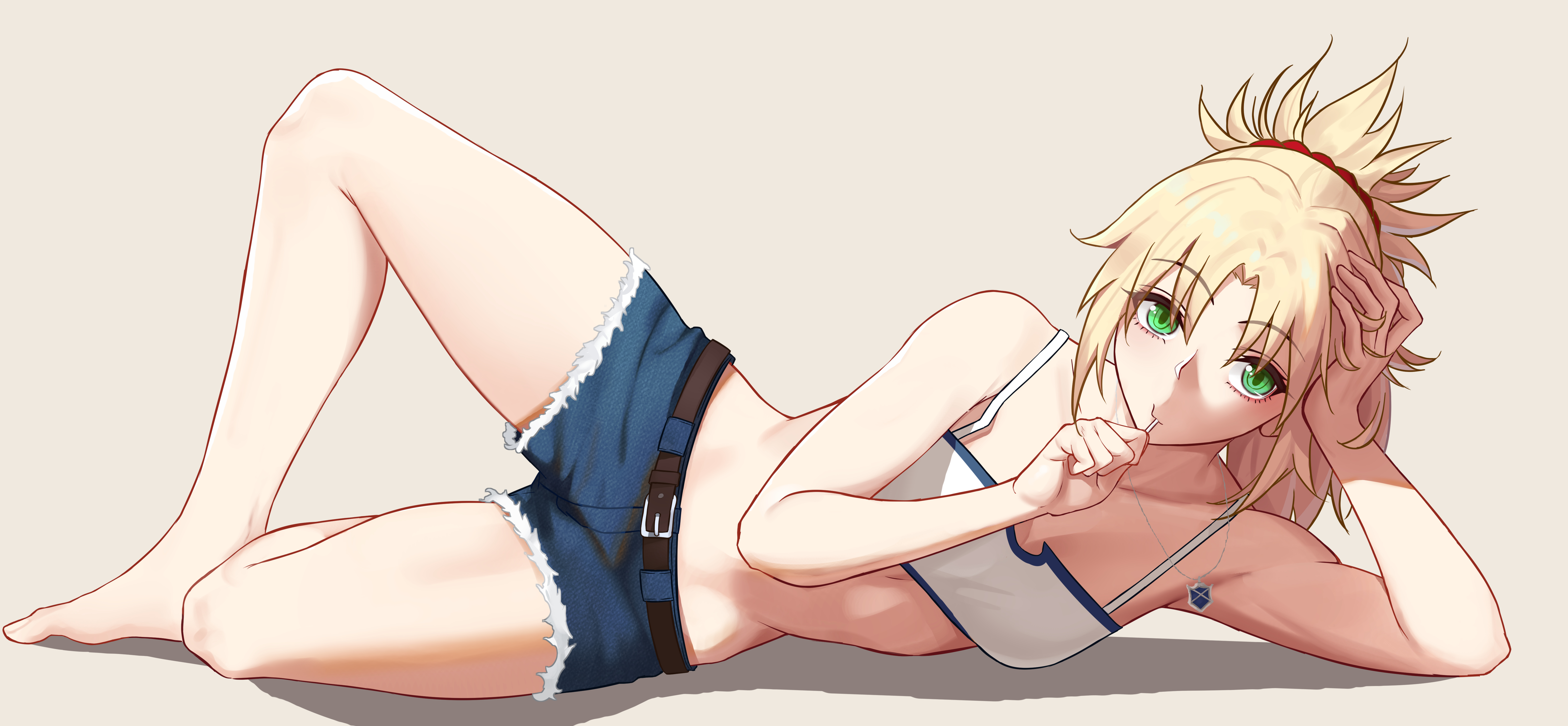 Anime 6359x2944 Fate series Fate/Grand Order Fate/Apocrypha  anime girls 2D small boobs thighs no bra long hair ponytail looking at viewer green eyes Mordred (Fate/Apocrypha) fan art jean shorts simple background blonde