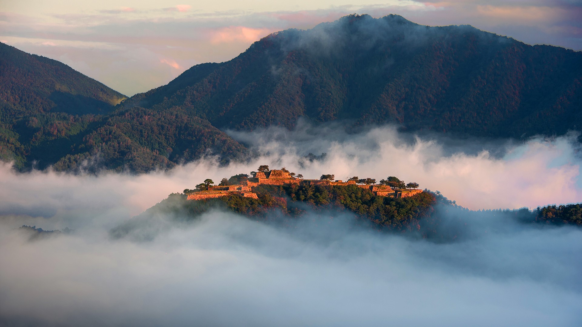 General 1920x1080 nature landscape clouds sky trees castle mist mountains sunrise Takeda Castle Ruins ruins Japan