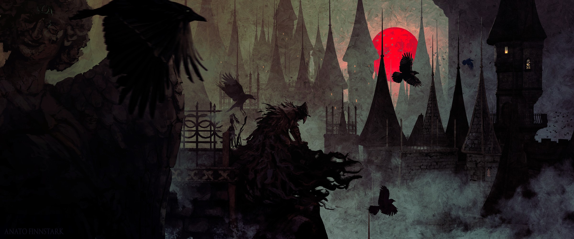 General 2400x1000 fantasy art Bloodborne Blood moon crow hunter artwork Anato Finnstark digital art