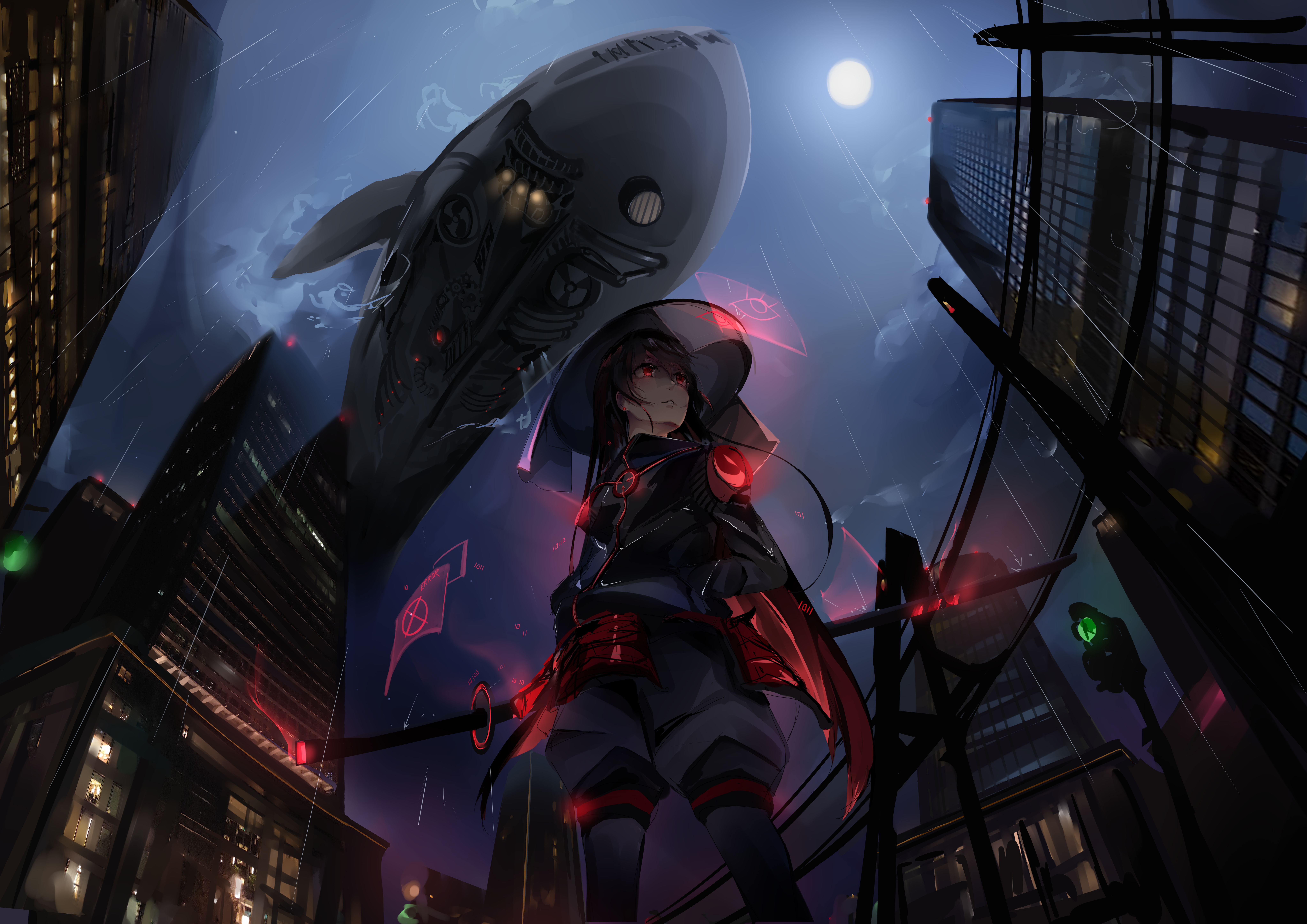 Anime 8185x5787 sword katana Moon weapon Zeppelin whale anime girls dark background neon dark hair city cyberpunk futuristic city low-angle