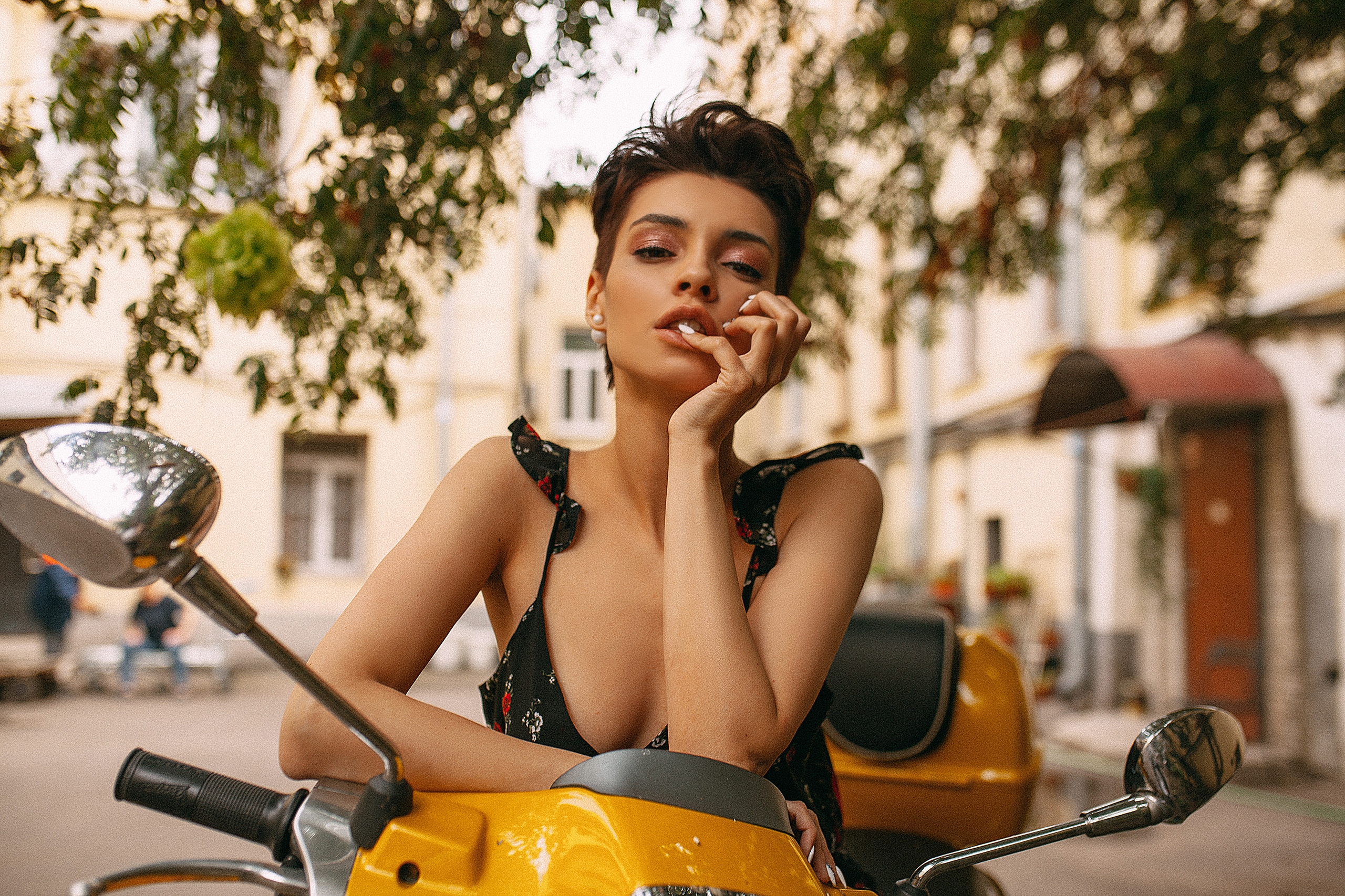 People 2560x1707 Roma Roma women Tania Frost brunette short hair makeup looking at viewer open mouth finger on lips sensual gaze painted nails white nails long nails eyeshadow jewelry earring beads dress cleavage motorcycle outdoors model women outdoors no bra
