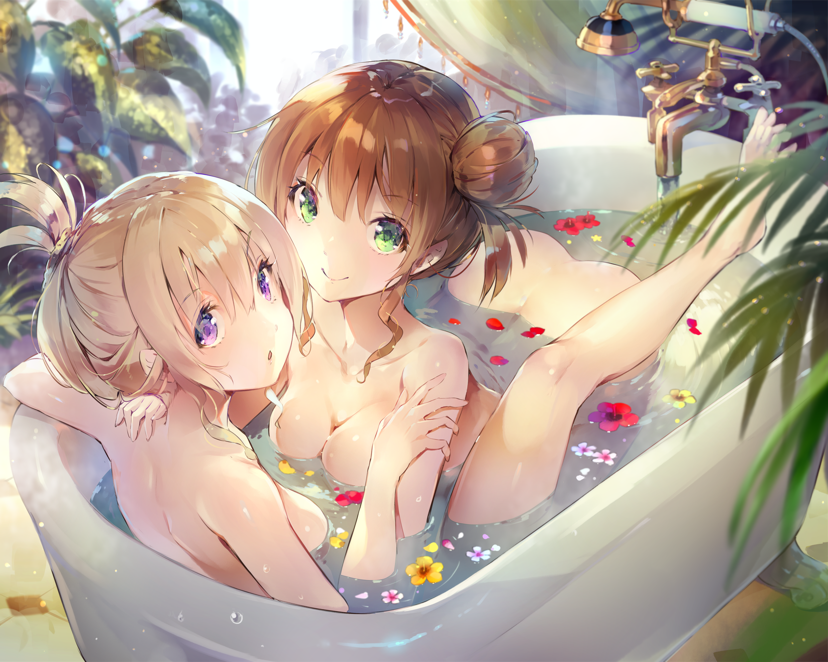 Anime 1664x1330 two women brunette blonde green eyes purple eyes wet nude short hair petals bathtub flowers anime girls bathing