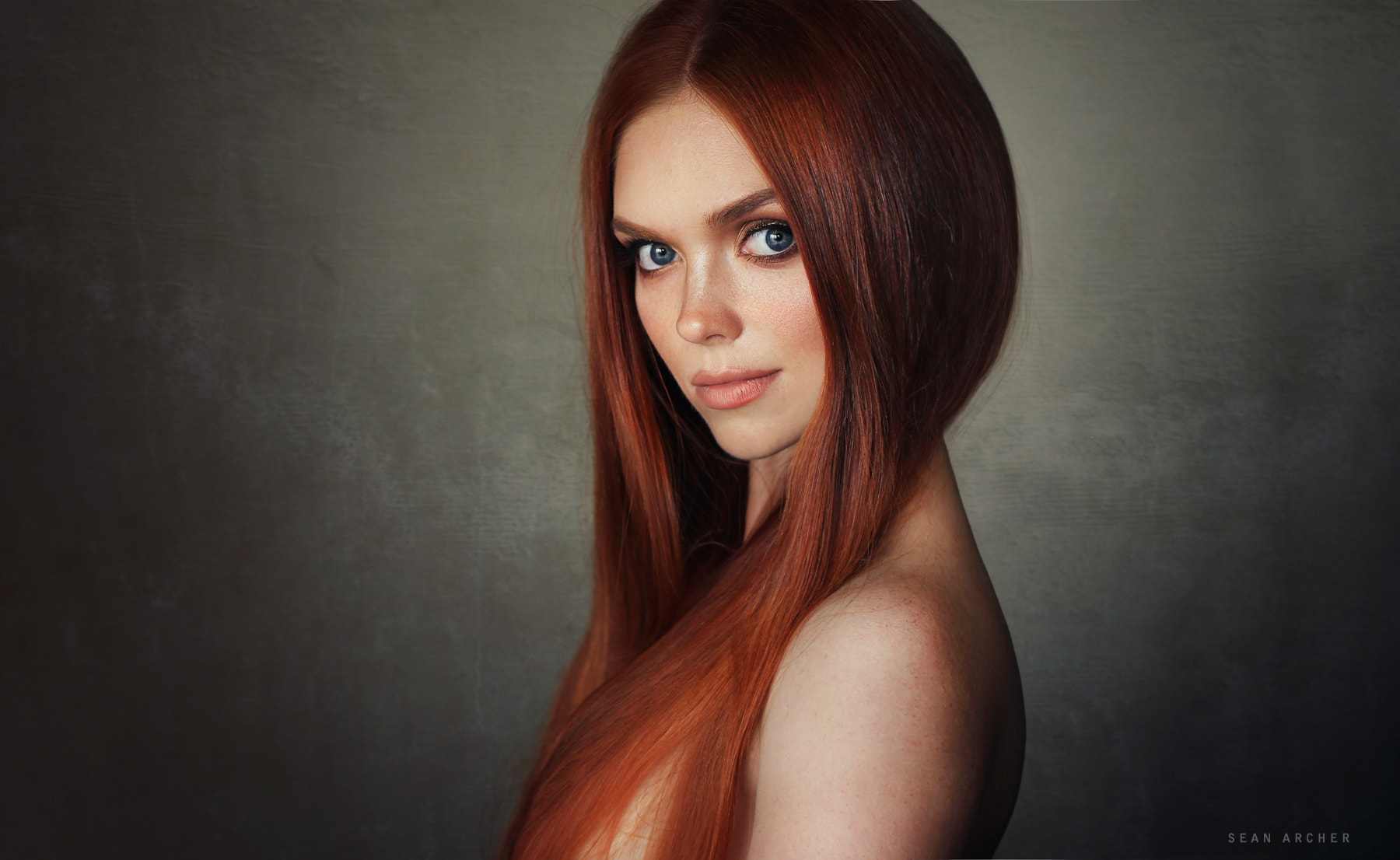People 1800x1106 portrait redhead simple background model face women Sean Archer blue eyes bare shoulders