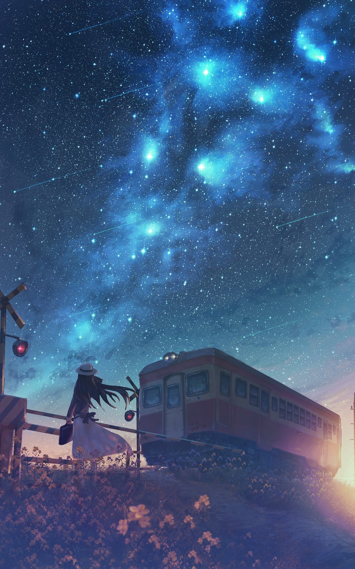 Anime 1200x1920 anime anime girls original characters starry night railway crossing emotion stars night moescape