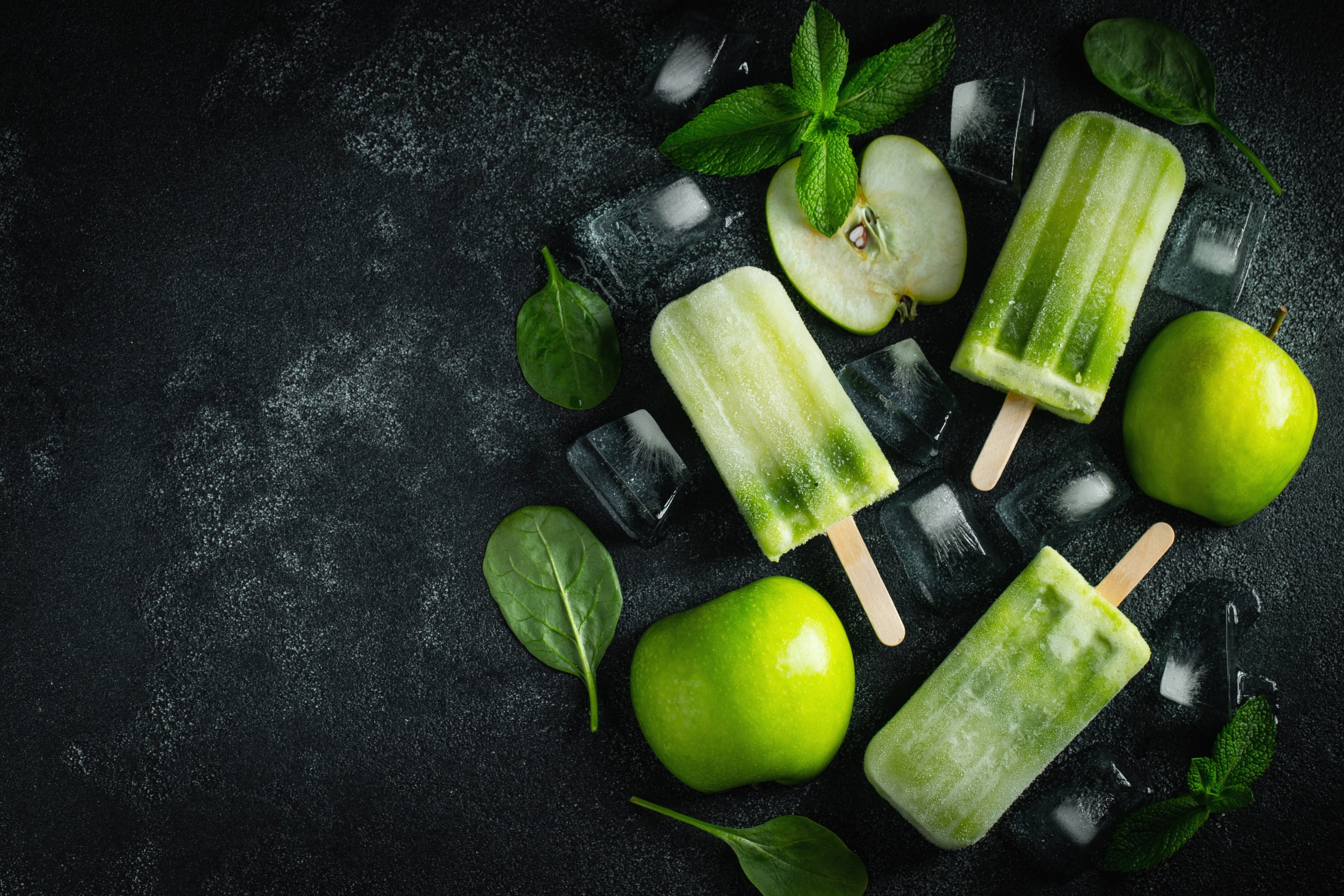 General 2560x1707 popsicle food fruit apples ice ice cubes mint leaves basil green spinach top view black background