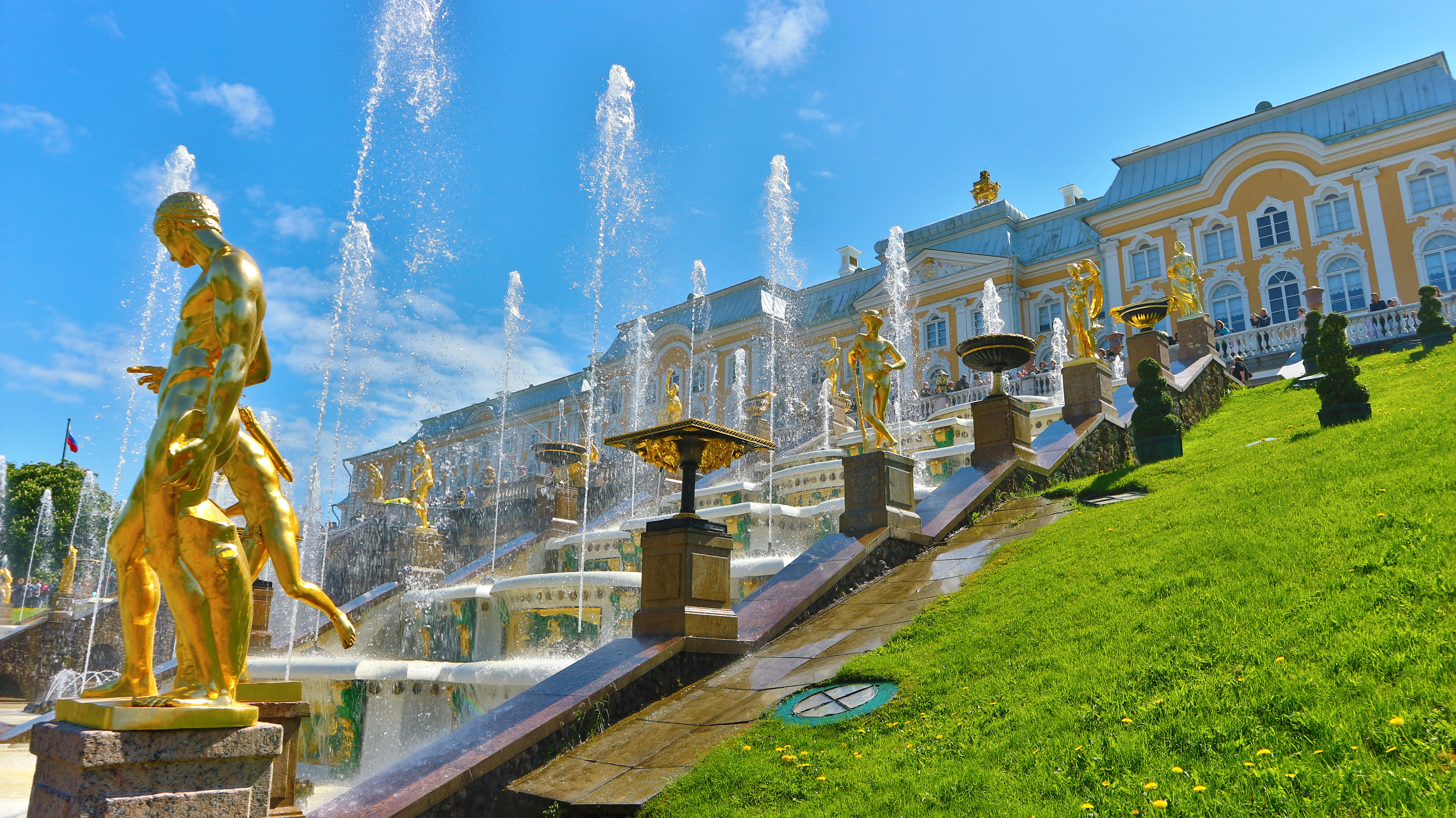General 5184x2912 Peterhof Russia St. Petersburg palace nature fountain summer statue architecture