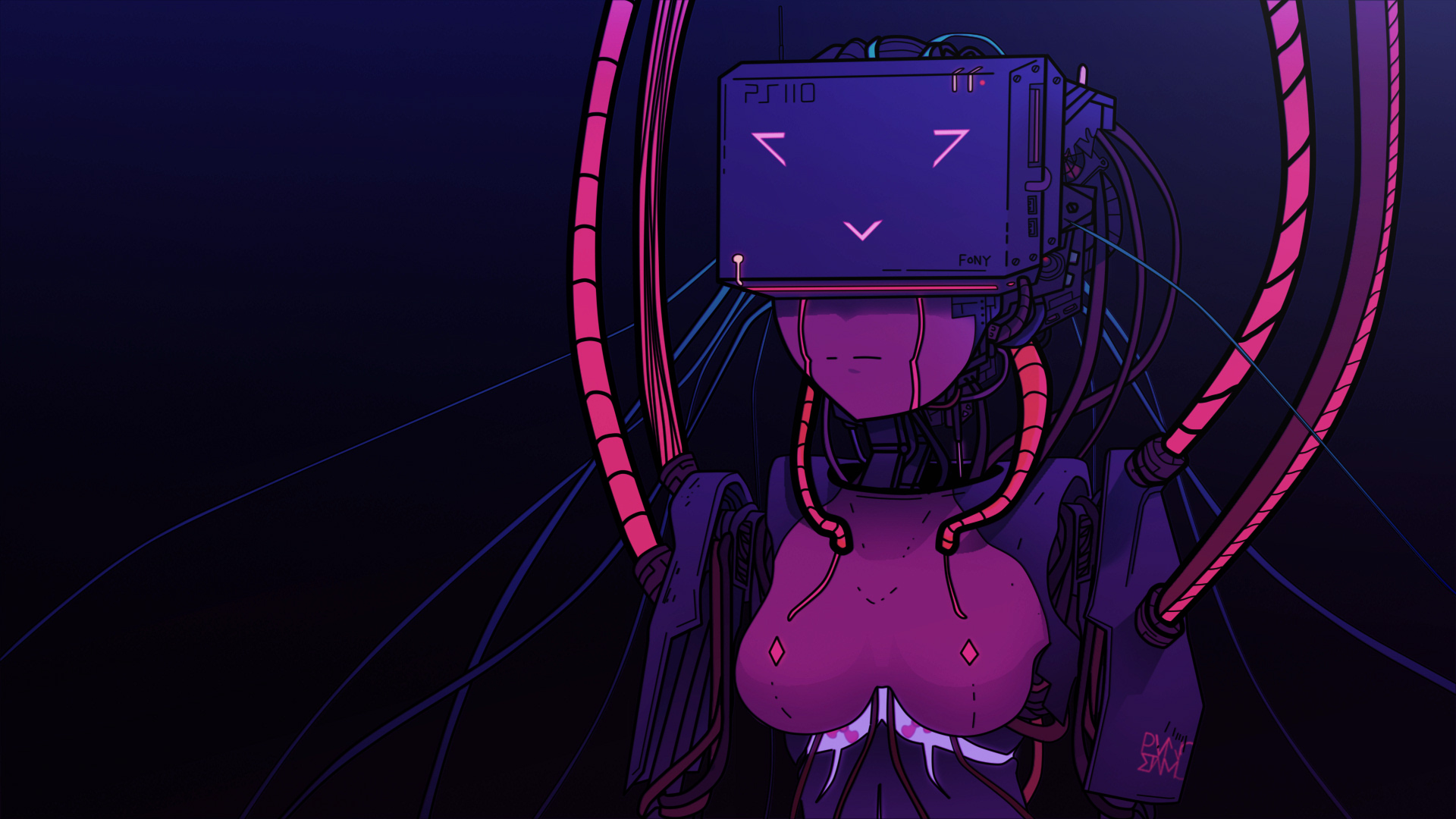 General 1920x1080 cyberpunk futuristic science fiction artwork cyber robot anime girls consoles Sony Sony Playstation Playstation 5 PanosStamo Dark Cyberpunk