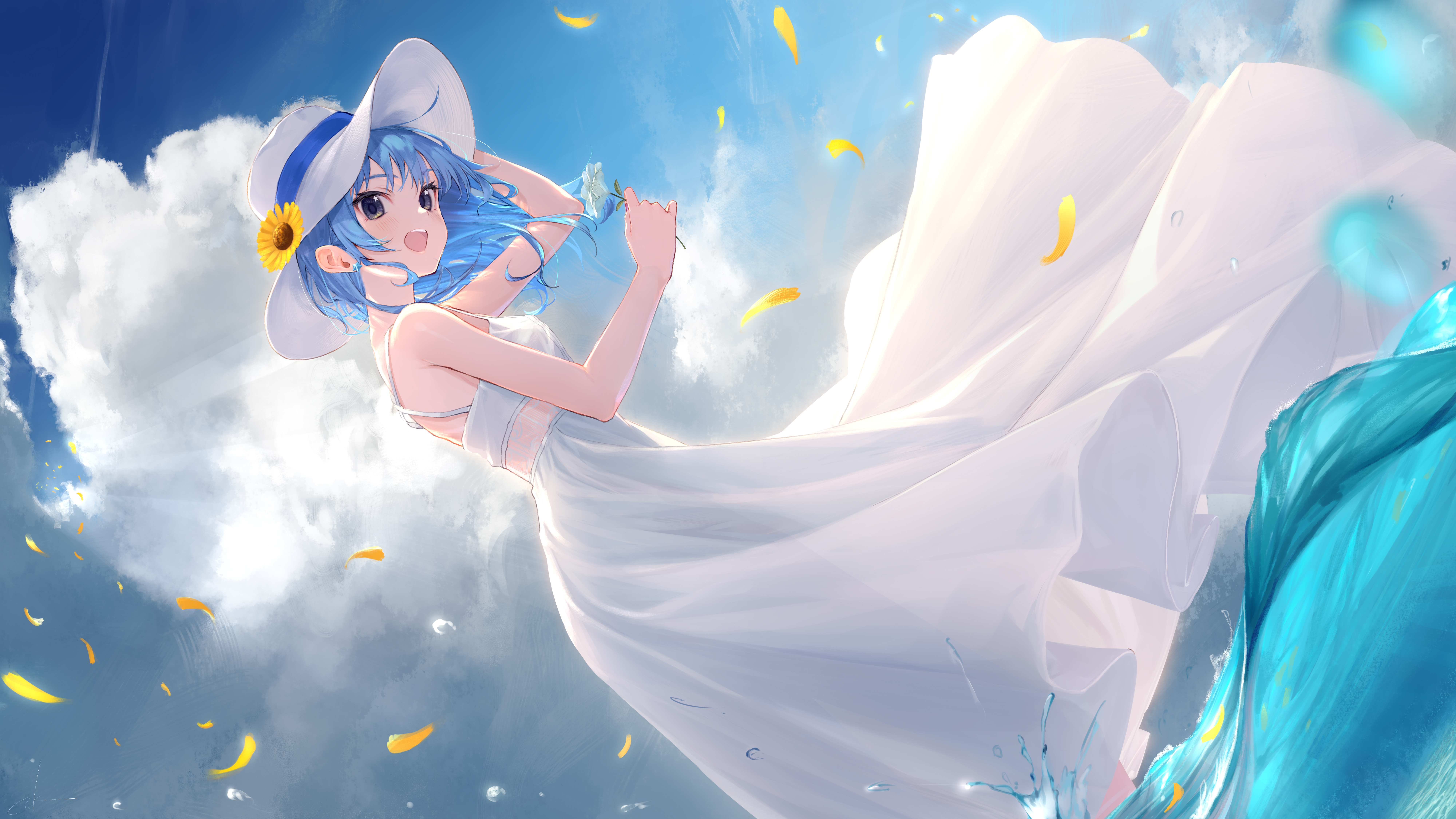 Anime 8000x4500 anime anime girls digital art artwork 2D portrait Hoshimachi Suisei Hololive Takubon sun dress dress hat blue hair petals