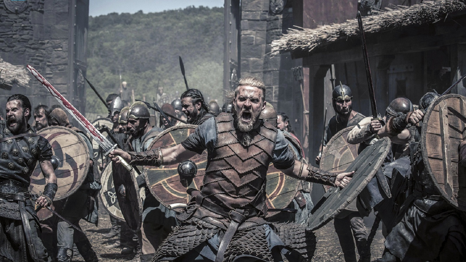 People 1599x900 The Last Kingdom TV series BBC vikings Ragnar Ragnarsson battle men sword blood screaming