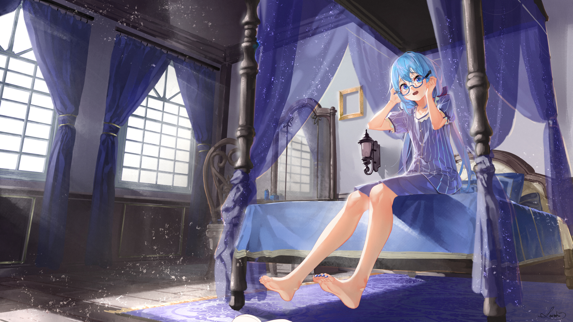 Anime 1920x1080 anime anime girls digital art artwork 2D portrait Saraki room bed feet glasses blue eyes blue hair long hair barefoot