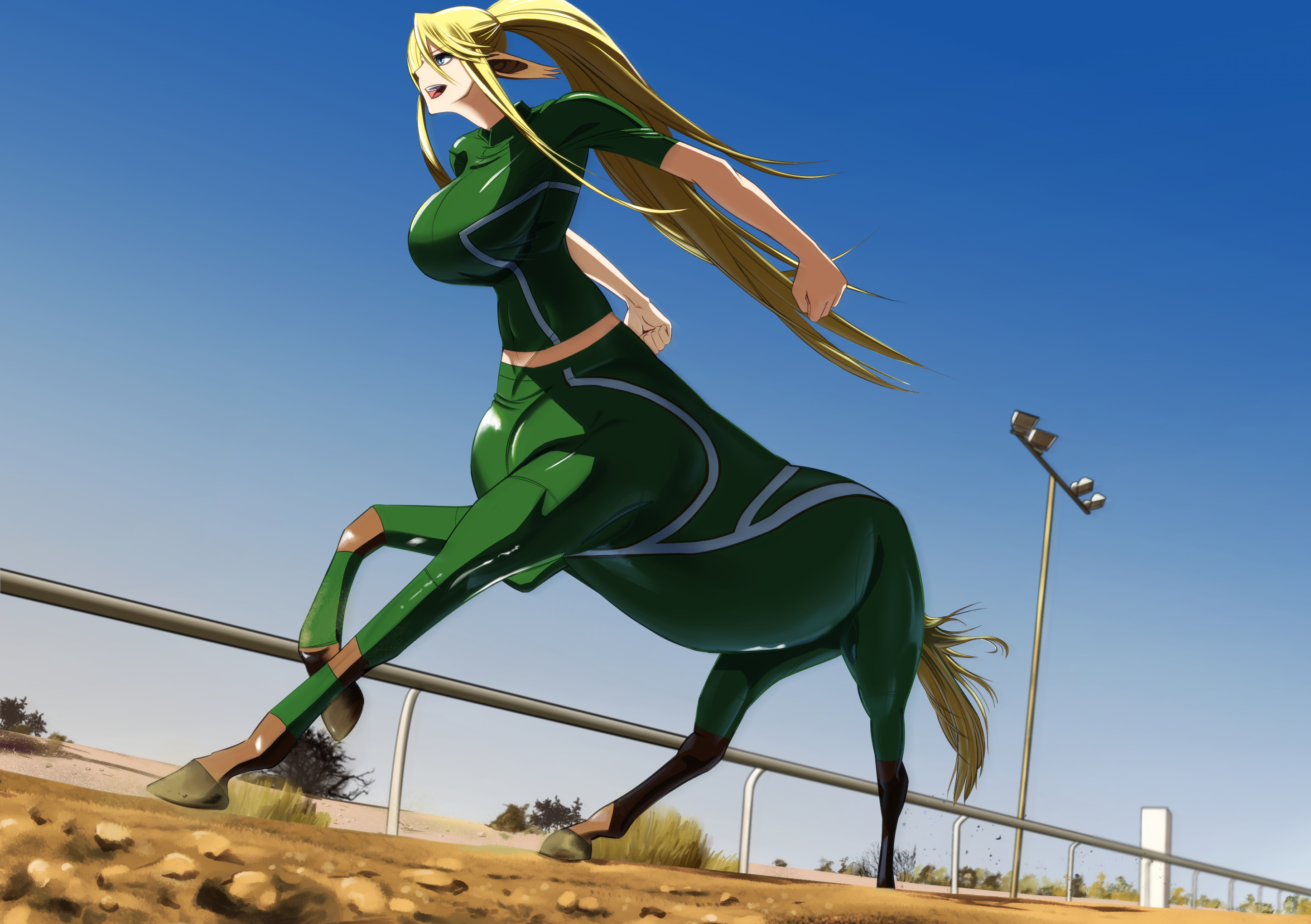 Anime 2894x2039 Monster Musume no Iru Nichijou bodysuit big boobs long hair thighs running pointy ears anime girls monster girl ponytail Centaurs the gap exercise curvy Centorea (Monmusu) 2D low-angle open mouth looking away blue eyes tight clothing fan art blonde