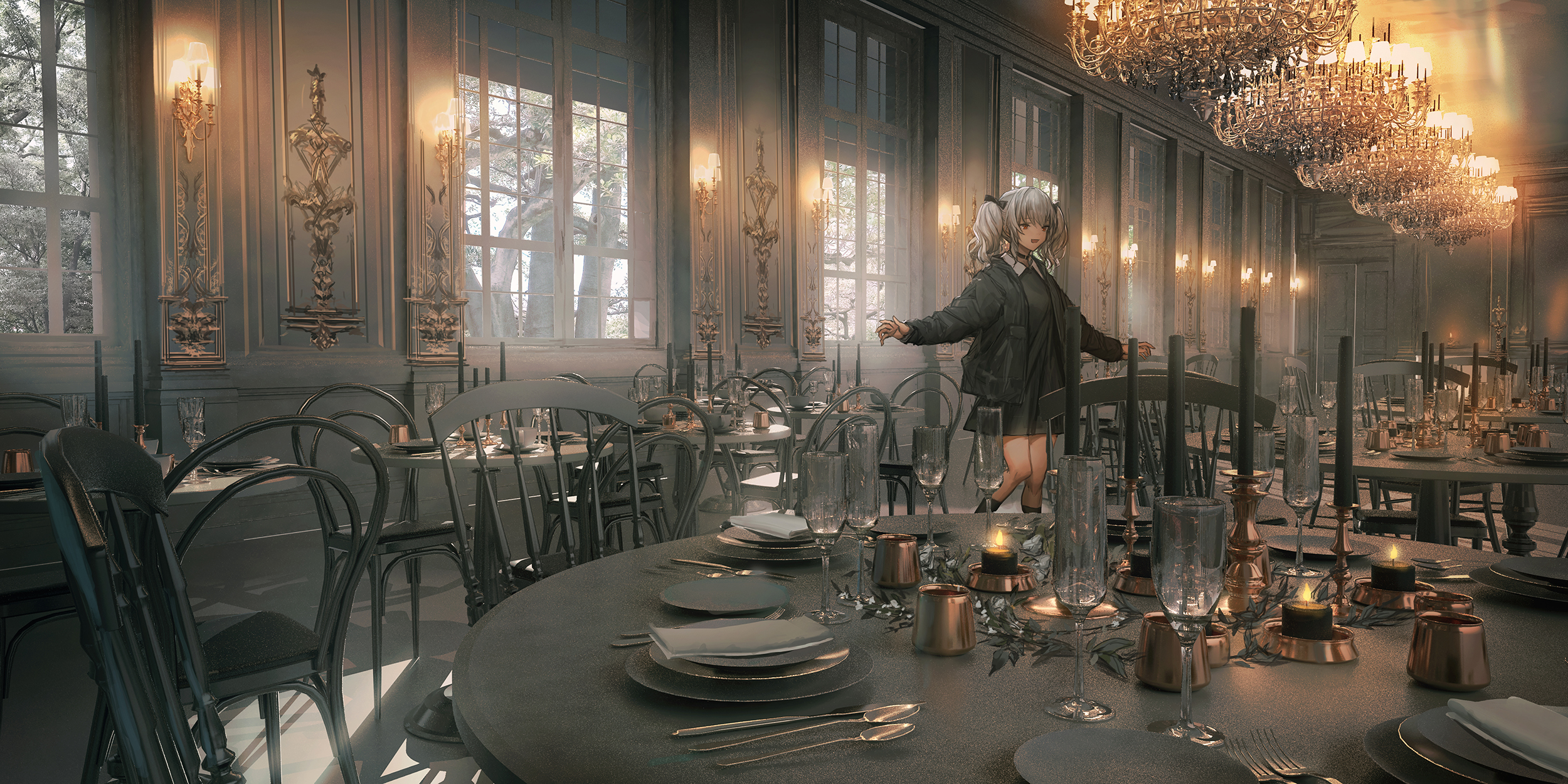 Anime 2500x1250 anime anime girls ponytail chandeliers candles chair spoon fork _LM7_ women indoors standing women indoors table Pixiv