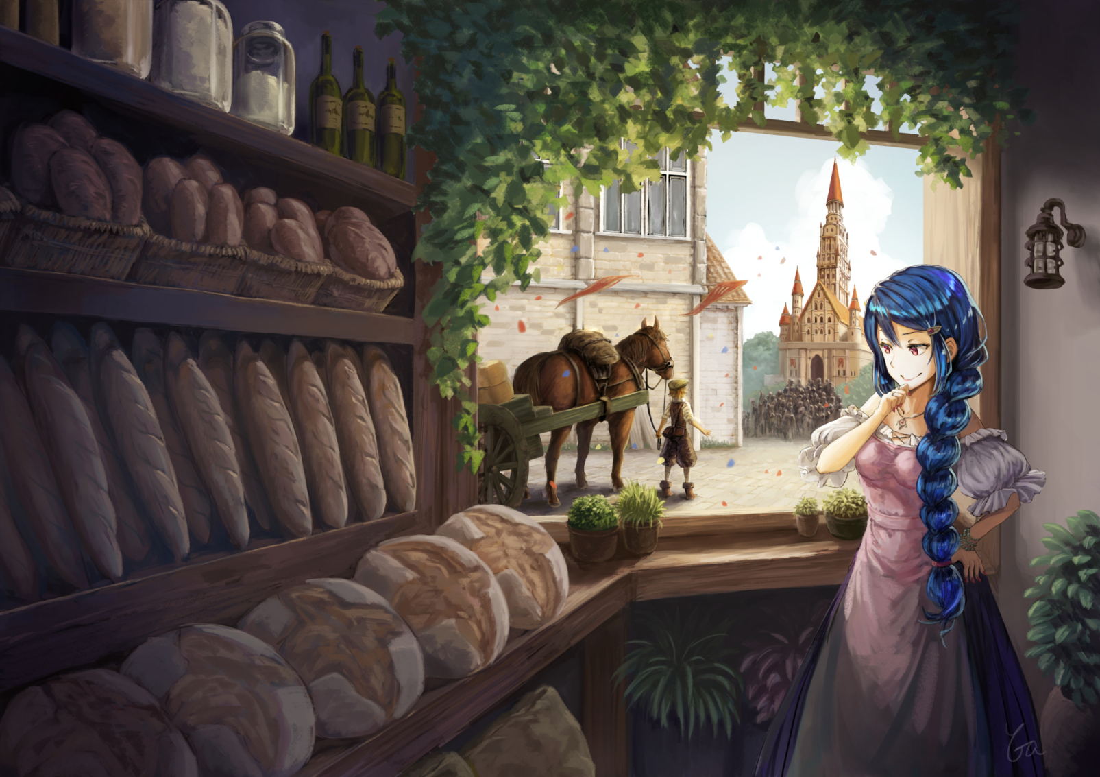 Anime 1605x1133 anime anime girls fantasy girl food bread blue hair long hair