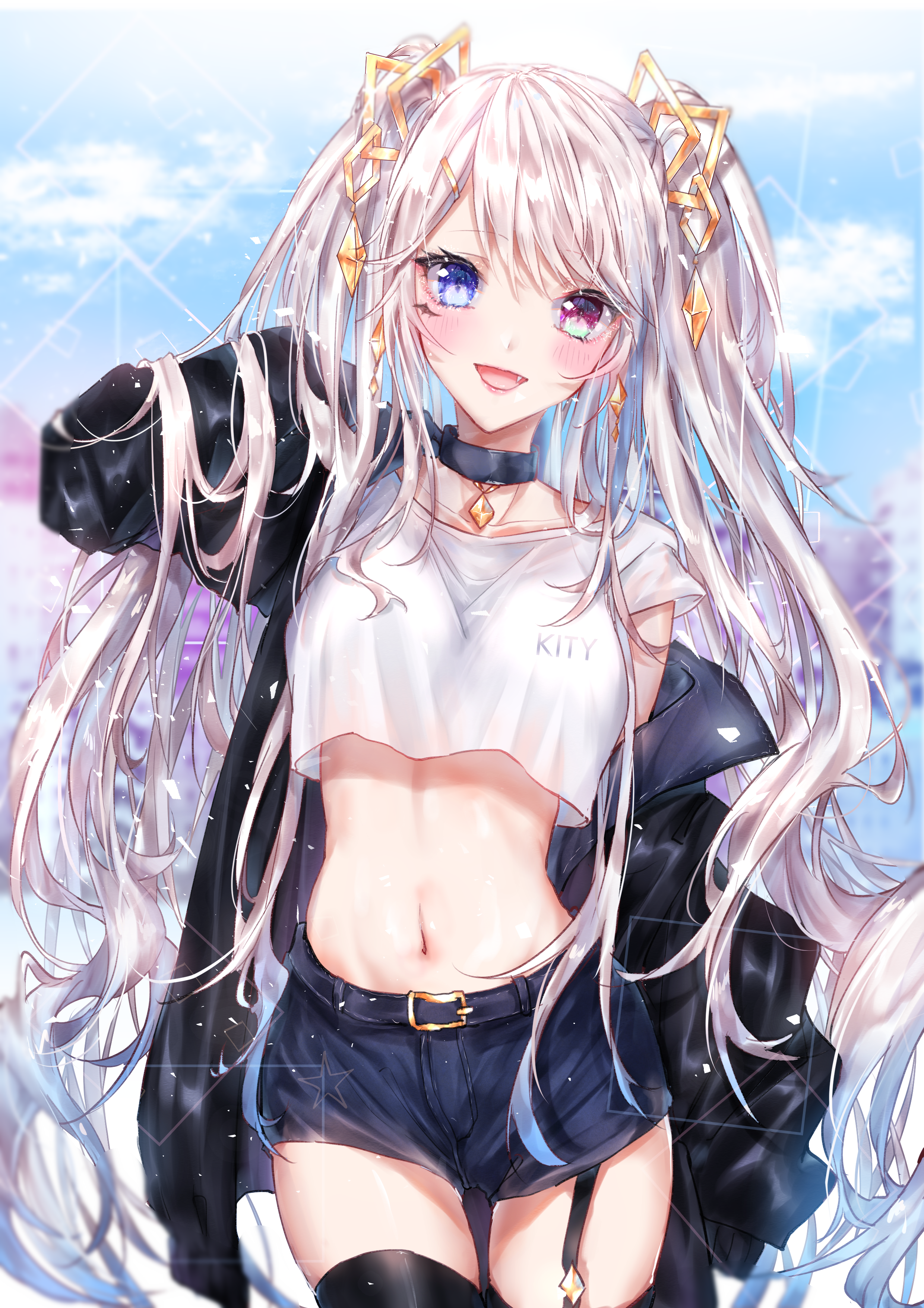 Anime 2480x3508 anime anime girls digital art artwork portrait display long hair sky clouds white hair ponytail blue eyes green eyes short pants T-shirt short shorts