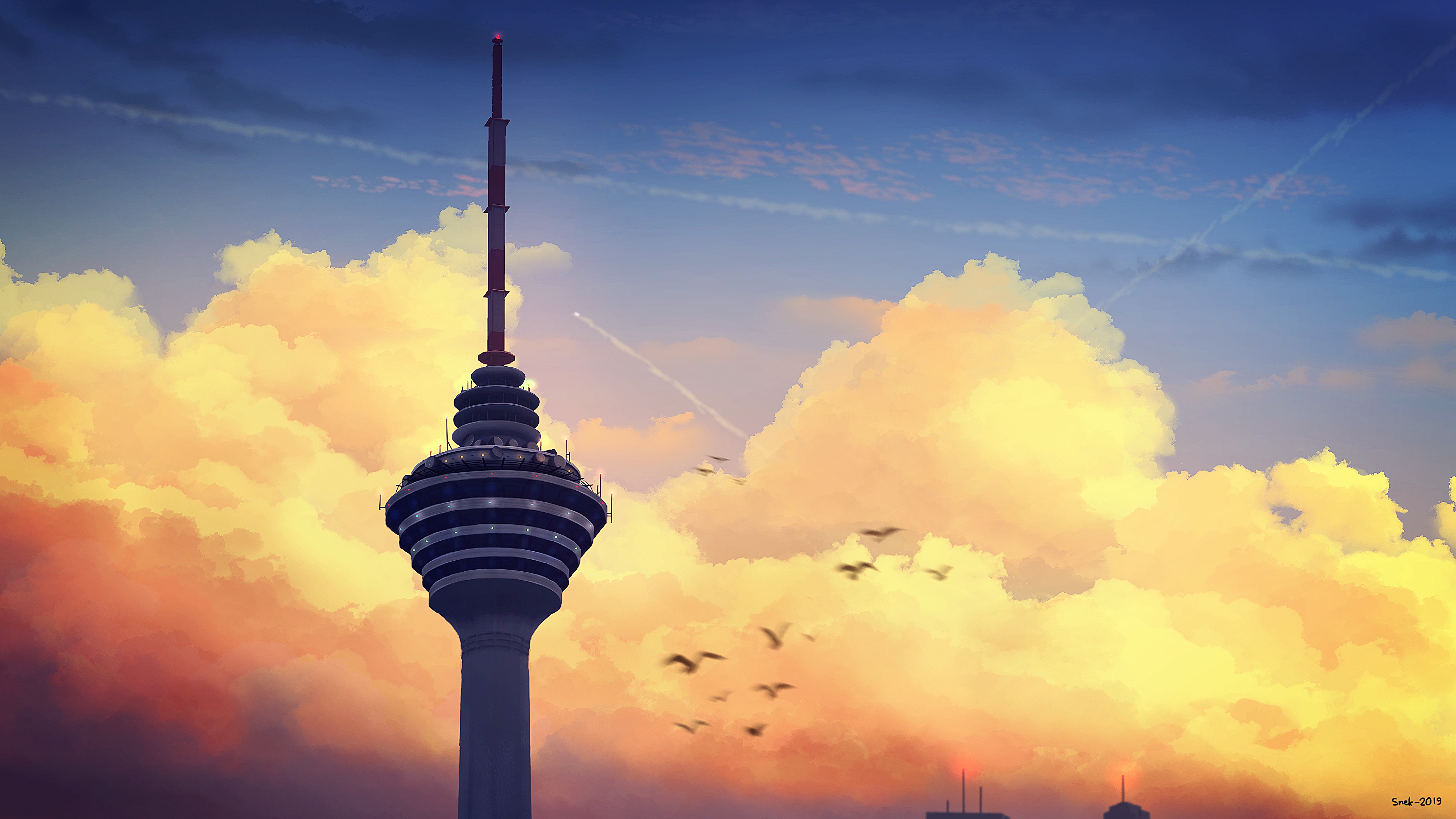 General 5120x2880 tower drawing birds clouds sky