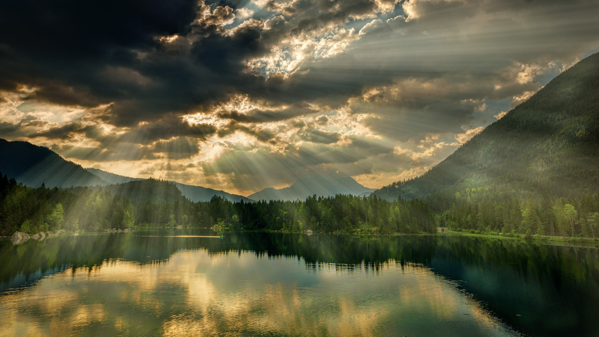 General 1920x1080 nature landscape trees forest HDR sun rays lake hills water clouds reflection