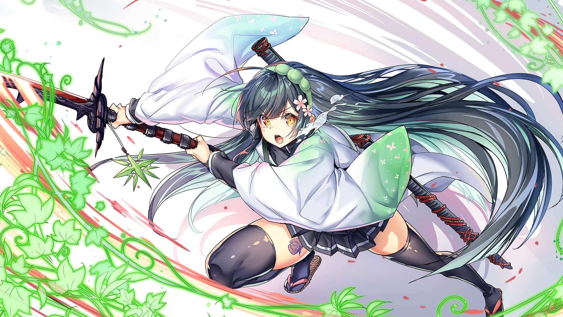 Anime 1920x1080 long hair sword thigh-highs dark hair anime girls artwork Voiceroid Ajishio
