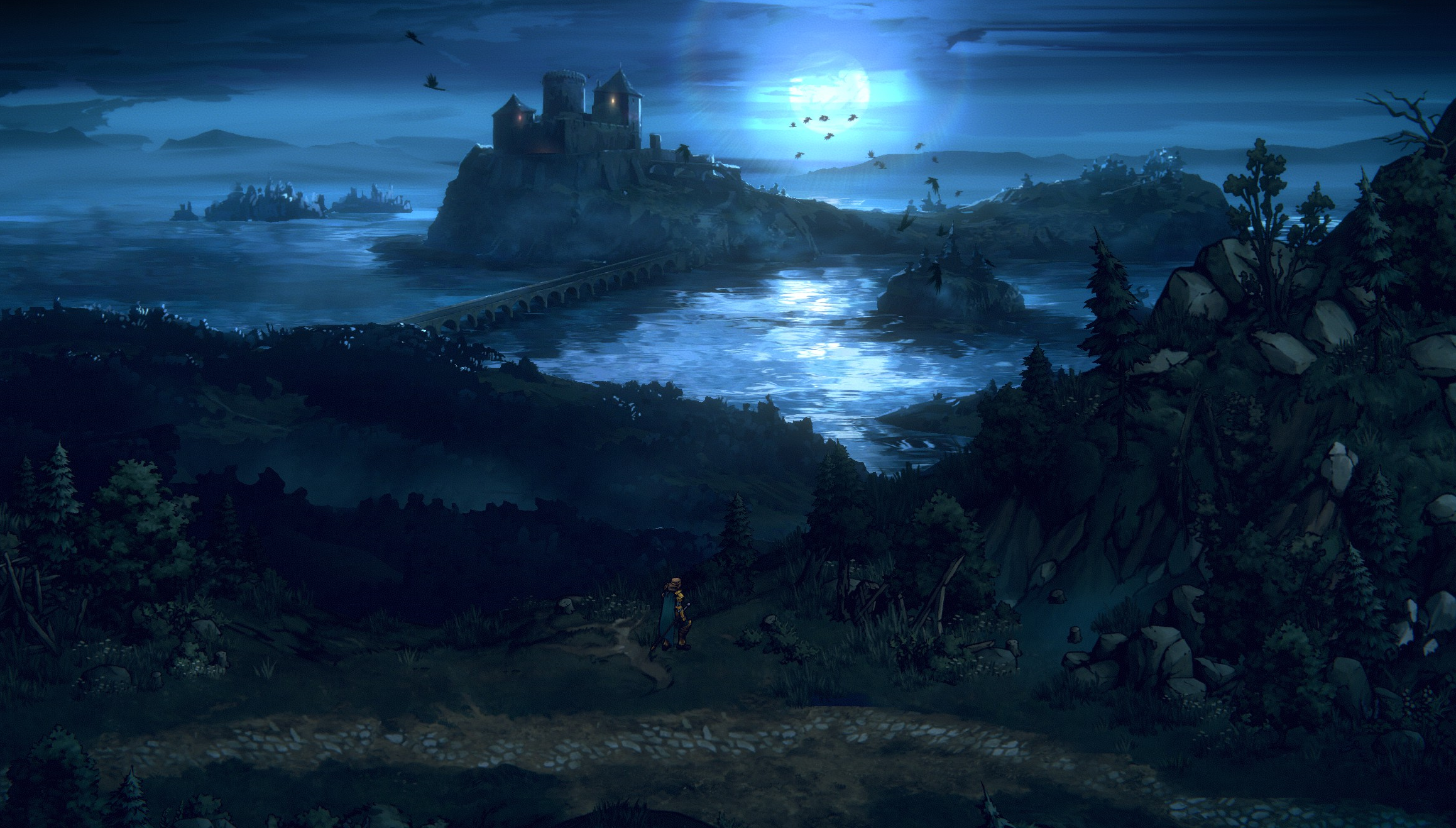 General 2317x1317 Thronebreaker: The Witcher Tales night Moon video games landscape castle river bridge birds atmosphere mist
