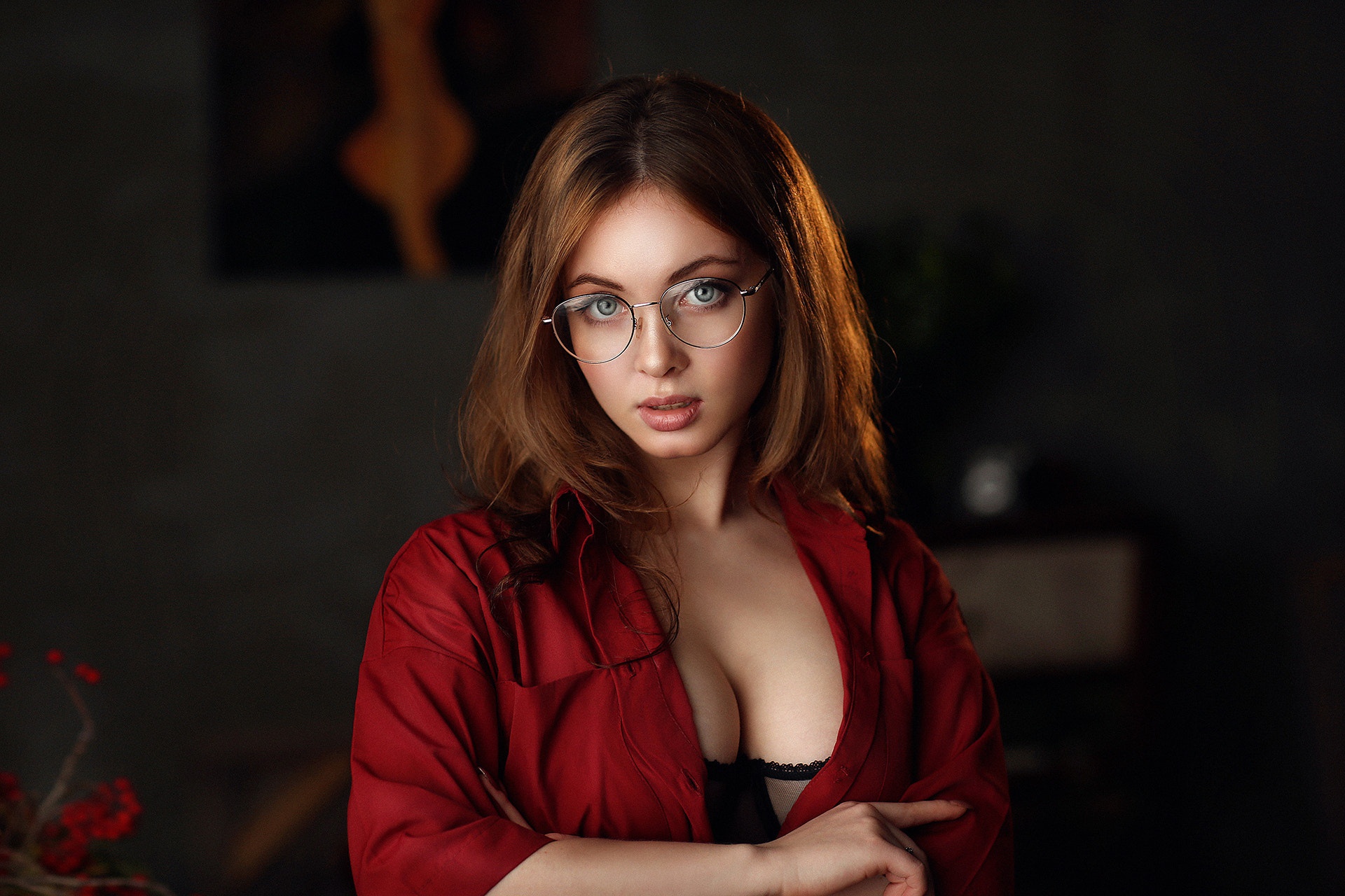 People 1920x1280 women model portrait women with glasses women indoors Dmitry Arhar cleavage Elena Alenskaya