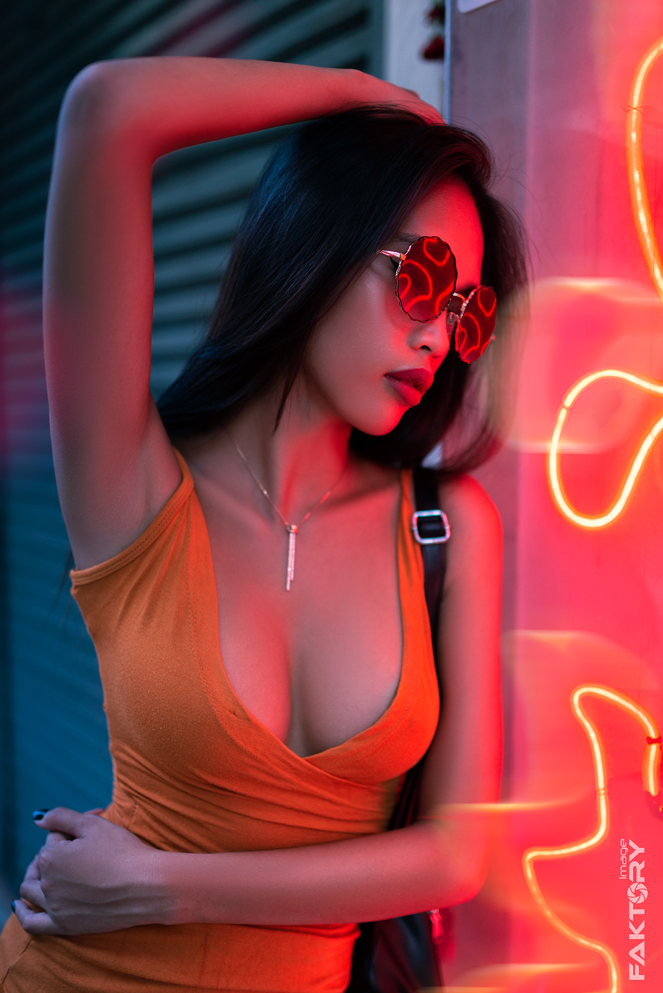 People 1367x2048 Asian model women women with shades arms up sunglasses dark hair brunette cleavage Image Faktory