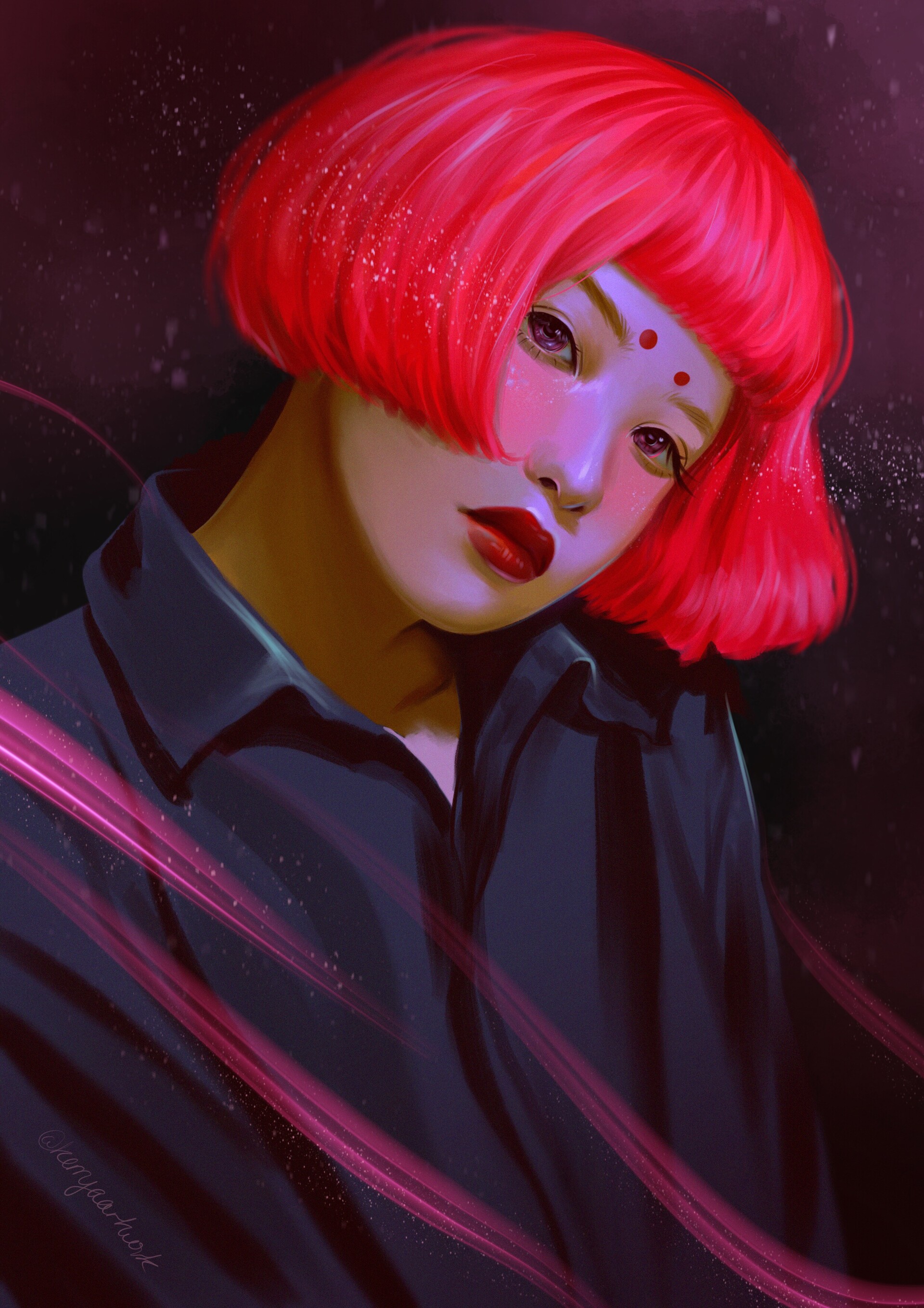 General 1920x2716 Asian women redhead ArtStation face artwork makeup red lipstick