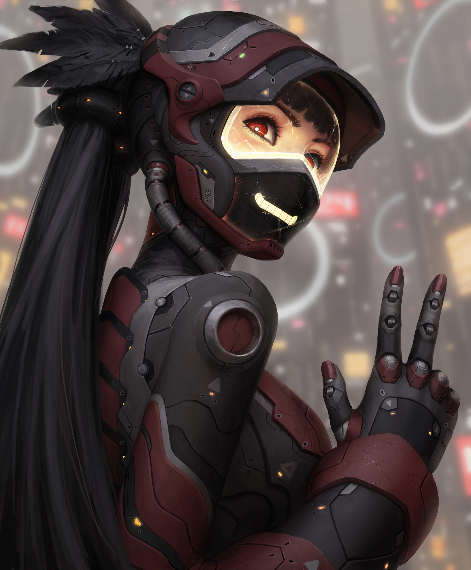 General 1920x2319 GUWEIZ women black hair science fiction illustration drawing original characters peace sign fingers mask long hair depth of field concept art artwork side view portrait display 2D fantasy painting red eyes smiling