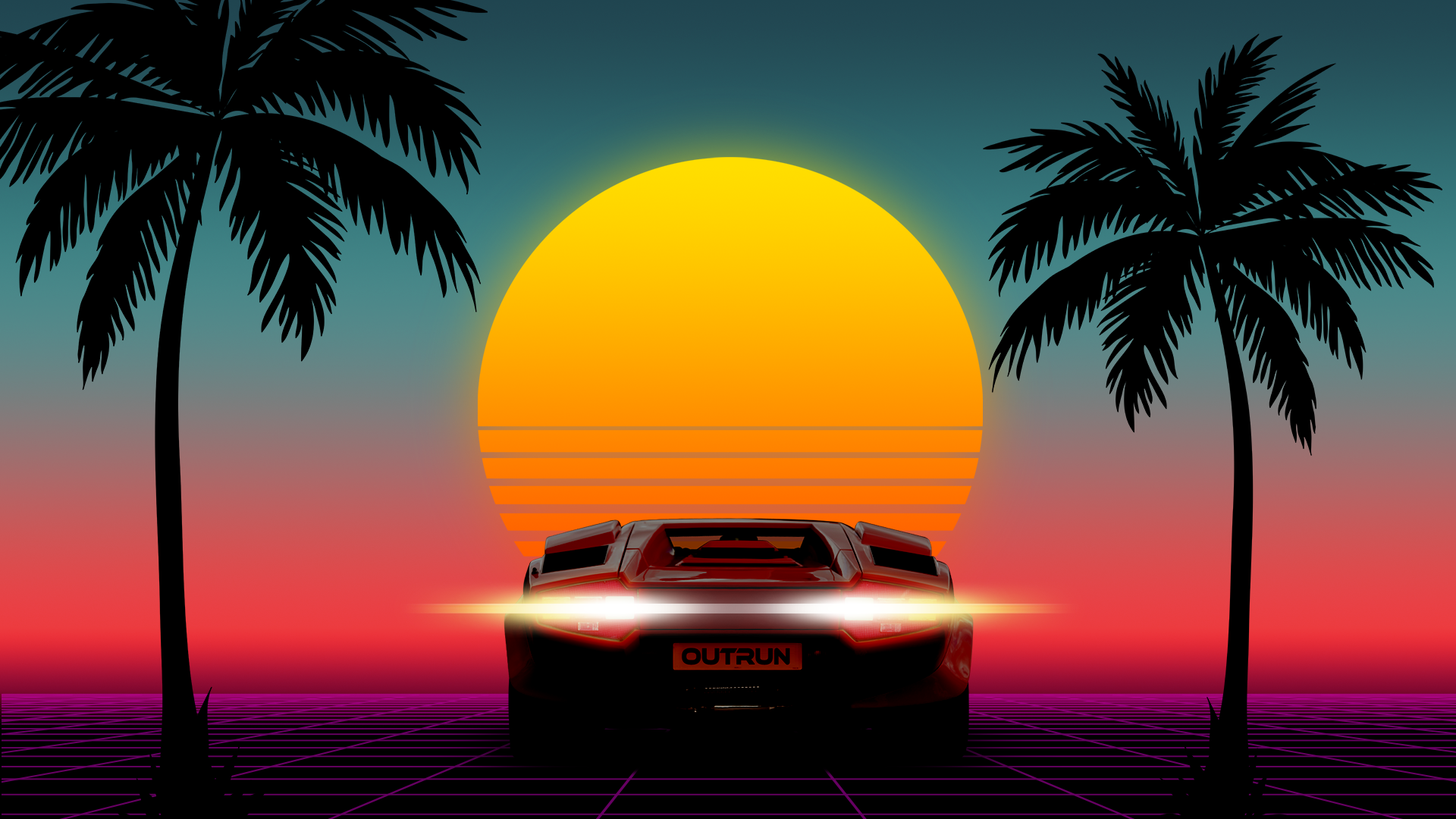 General 1920x1080 1980s 80s sunset car Lamborghini palm trees 8-bit neon OutRun