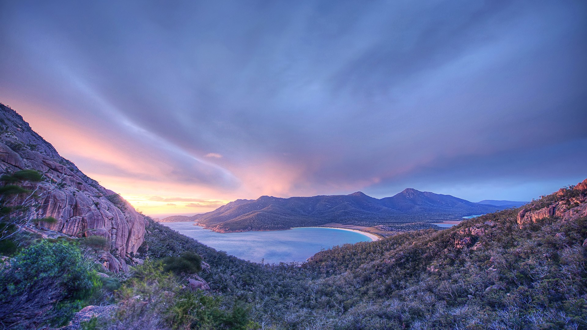 General 1920x1080 nature landscape clouds mountains plants rocks water bay Wineglass Bay Tasmania Australia