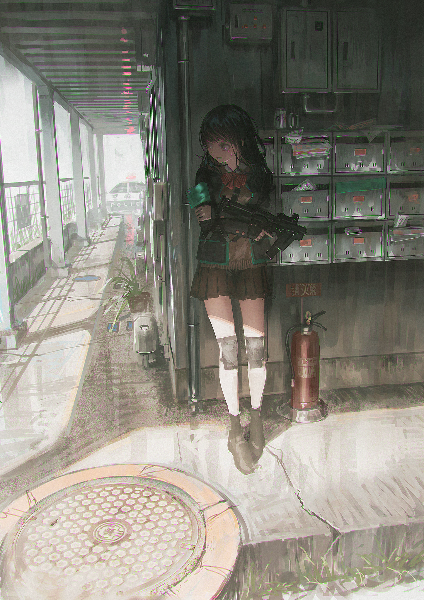 Anime 1447x2047 anime anime girls digital art artwork 2D portrait display machine gun school uniform hiding Reoen