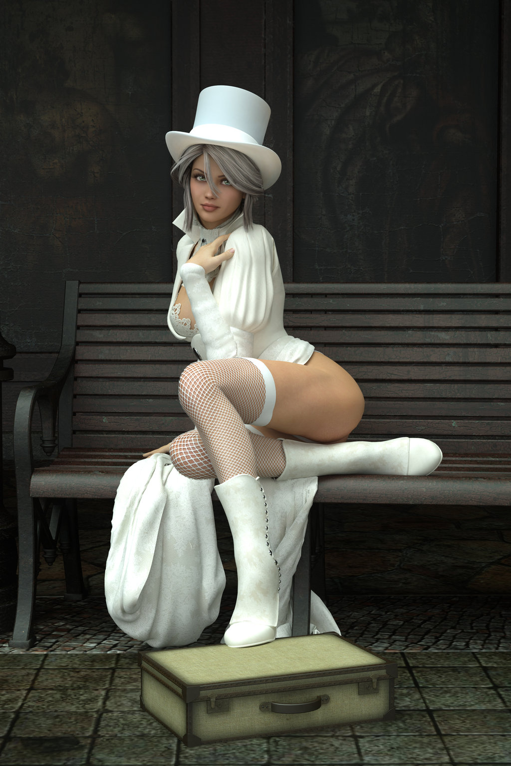 General 1024x1536 RGUS CGI women hat white clothing lace fishnet suitcase bench silver hair