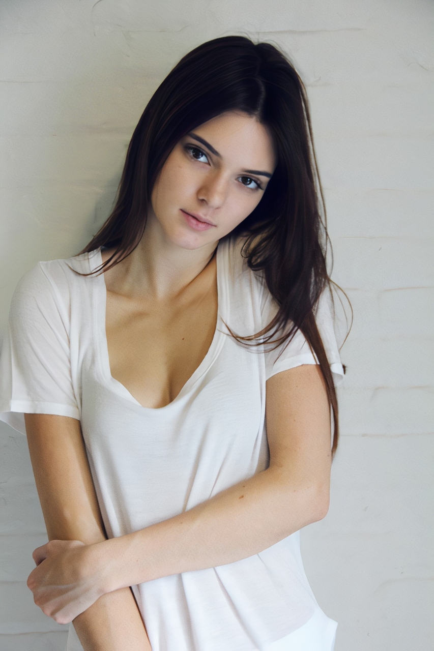 People 853x1280 Kendall Jenner women model brunette dark hair long hair indoors white shirt T-shirt