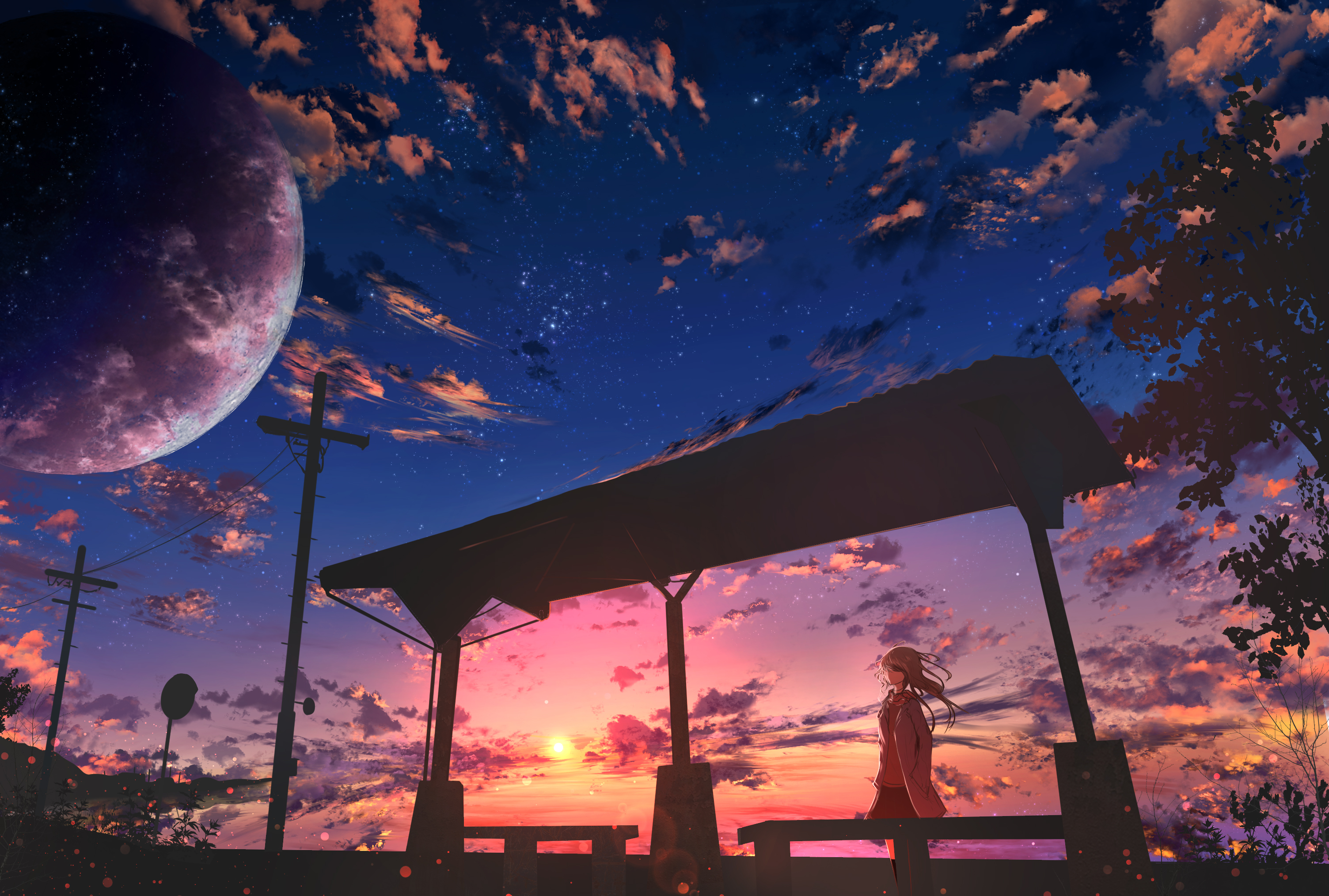 Anime 3008x2028 twilight dusk city low-angle moescape anime anime girls Moon bus stop sky