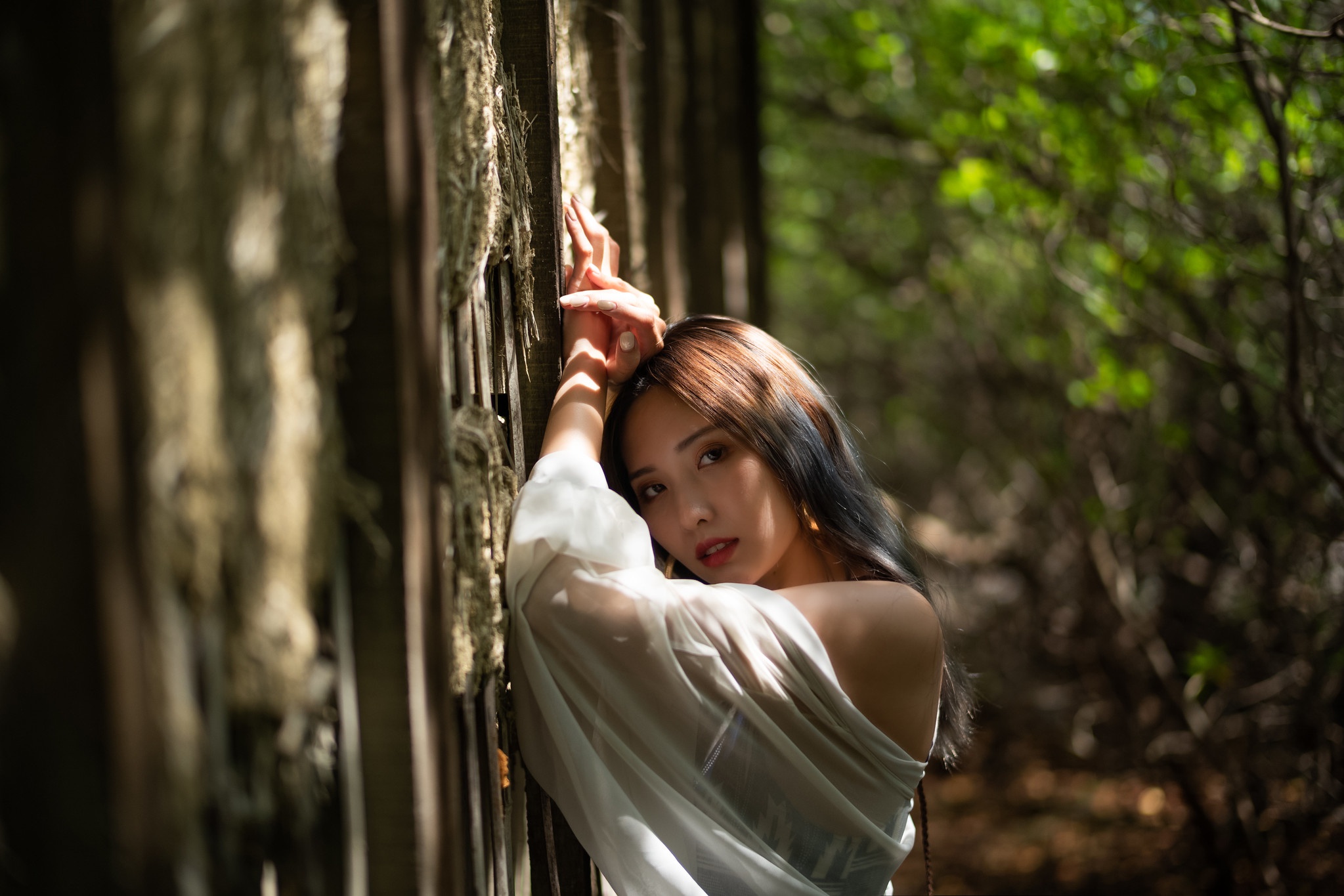 People 2047x1365 Asian women model depth of field wall leaning bushes blouses bare shoulders