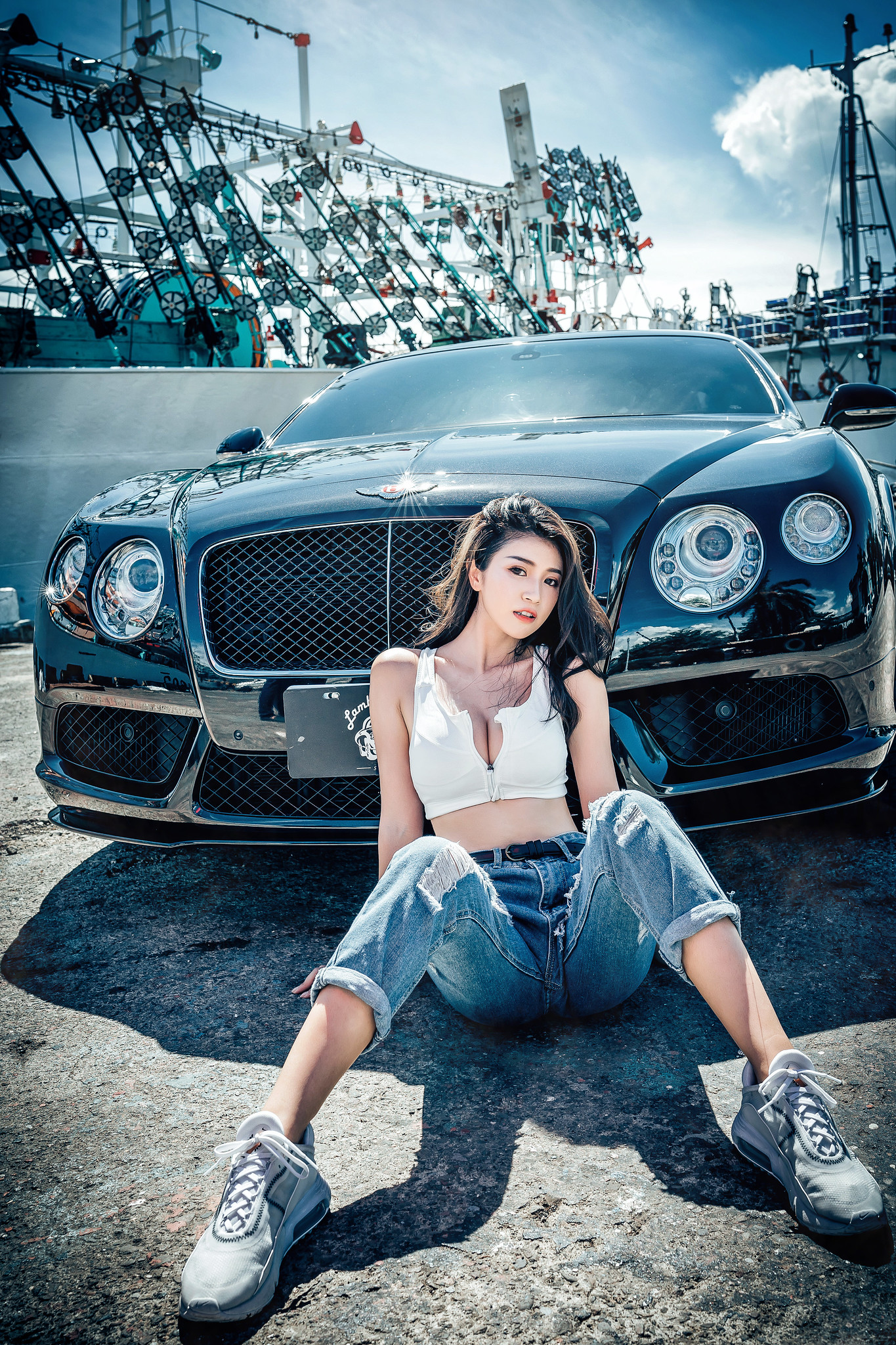 People 1365x2048 vehicle car Asian women model dark hair women with cars Bentley Bentley Continental Chinese cleavage tank top British cars Volkswagen Group
