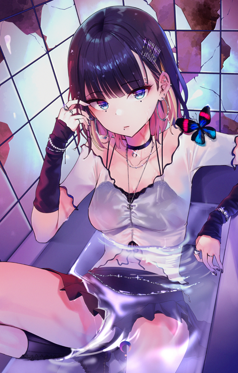 Anime 1000x1568 anime anime girls blue eyes in bathtub indoors dark hair wet see-through clothing artwork Mirei