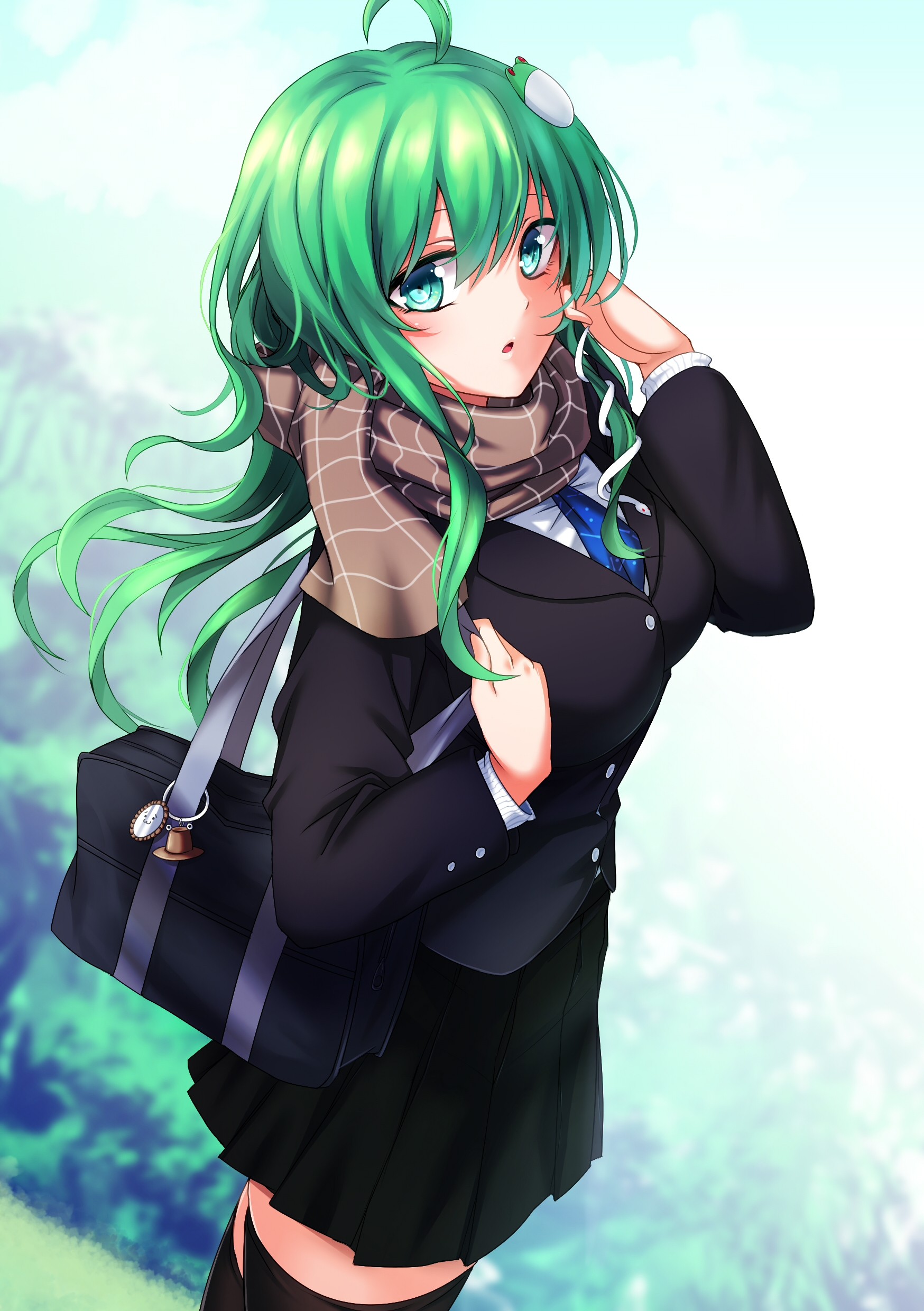 Anime 1748x2480 anime anime girls Touhou Kochiya Sanae long hair green hair aqua eyes stockings skirt