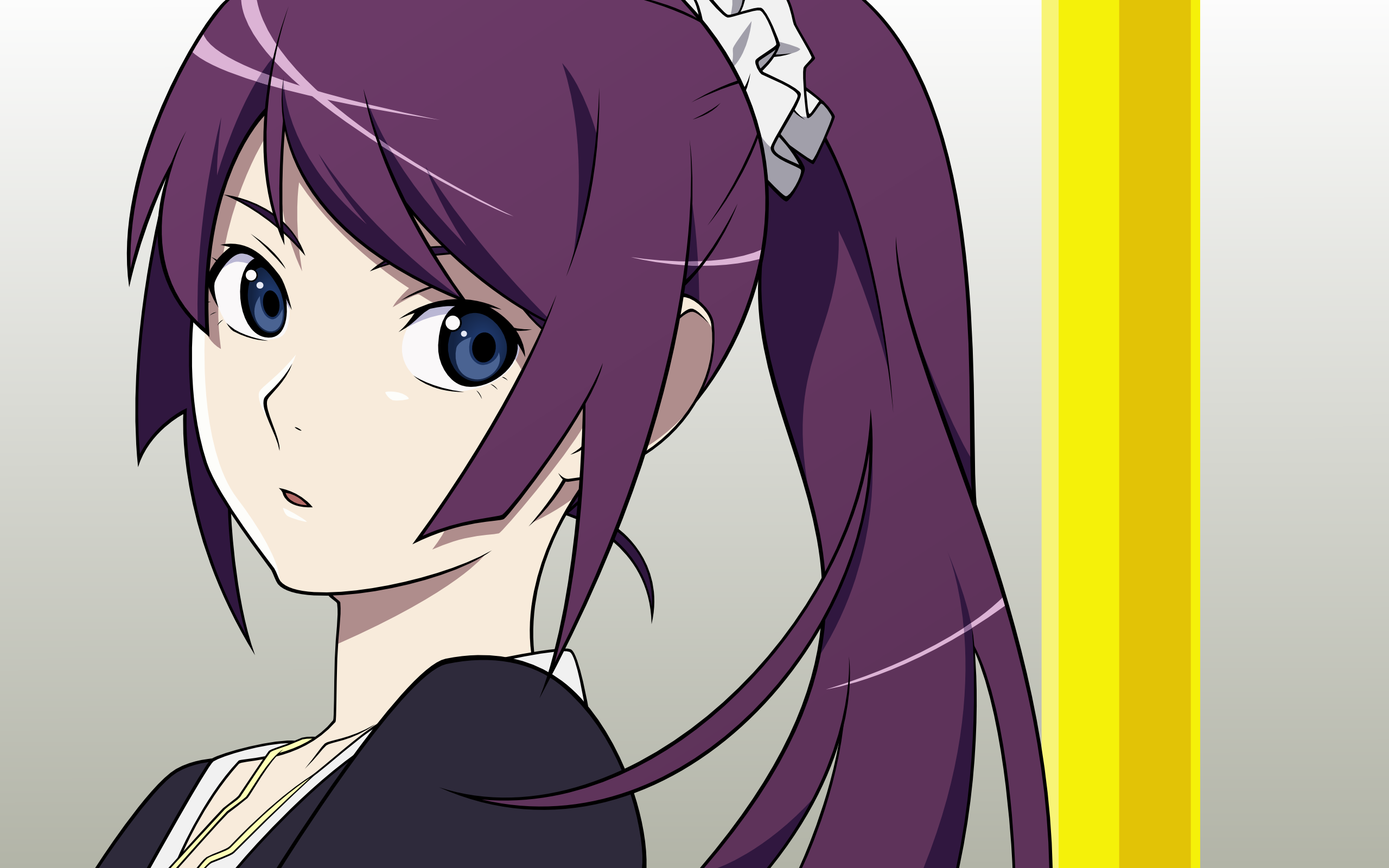 Anime 2560x1600 Senjougahara Hitagi Monogatari Series anime girls blue eyes ponytail anime purple hair looking at viewer simple background white background women