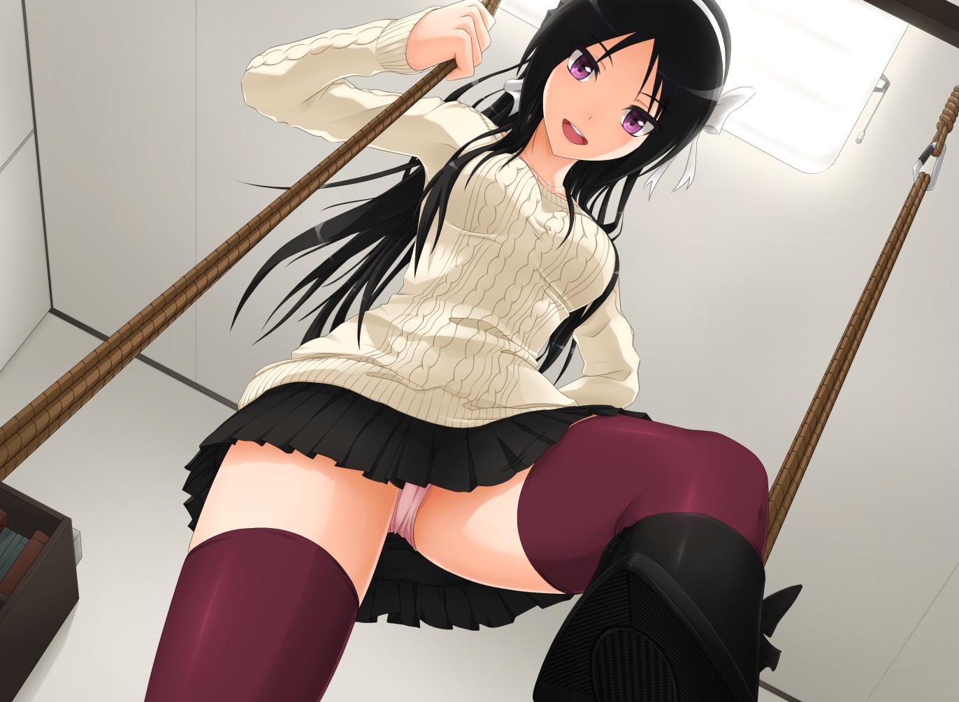 Anime 1372x1005 anime anime girls stockings skirt sweater long hair black hair purple eyes zettai ryouiki miniskirt thigh-highs